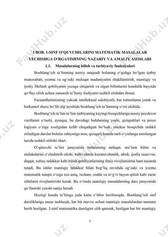 nday uchta son? 1 *2*3=1+2+3. hozirgi kunda rasmli rebuslar o‘quvchilarning tezlik bilan fikrlashini va o‘z fikrini bayon eta olishga chorlaydi. 3- masala: sonli rebusdan mevalarni o‘rnida qanday son bor ekanini hisoblang: bundan tashqari "oilaviy munosabatdagi" masalalarda o‘quvchilar bir tomonlama emas, balki bir necha marotaba o‘ylashga, oilada aka yo opasi uchun ham o‘zi kabi bir xil munosabat bo‘lishi haqida o‘y suradi, fikr yuritadi. 4-masala: anvarning akasi va singlisi bor. uchalasining yoshini qo‘shib hisoblaganda 17 yosh. 6 yildan keyin ularning yoshini qo‘shganda qancha bo‘ladi? demak. 6 yil hauchalalariga tegishli bo‘lishini mantiqan o‘ylashga majbur geometrik mantiqiy masalalarning foydali tomoni o‘quvchini ko‘z orqali chamalashga, tasavvur qilish qobiliyatlarini rivojlantirishga yordam beradi. shakldan boshqa bir shaklni hosil qilish, cho‘plar yordamida shakllar yarata olish, shakllar sonini aniqlash kabi vazifalarni bajarishda o‘quvchilarda chamalash, yaratuvchanlik qobiliyatlarini o‘stirib beradi. 5-masala: ushbu shaklda nechta to‘g‘ri to‘trburchak bor. ushbu shaklda jami 12 ta to‘g‘ri to‘rtburchak bor. javobini aniqlashda o‘quvchi shaklni mukammal darajada …