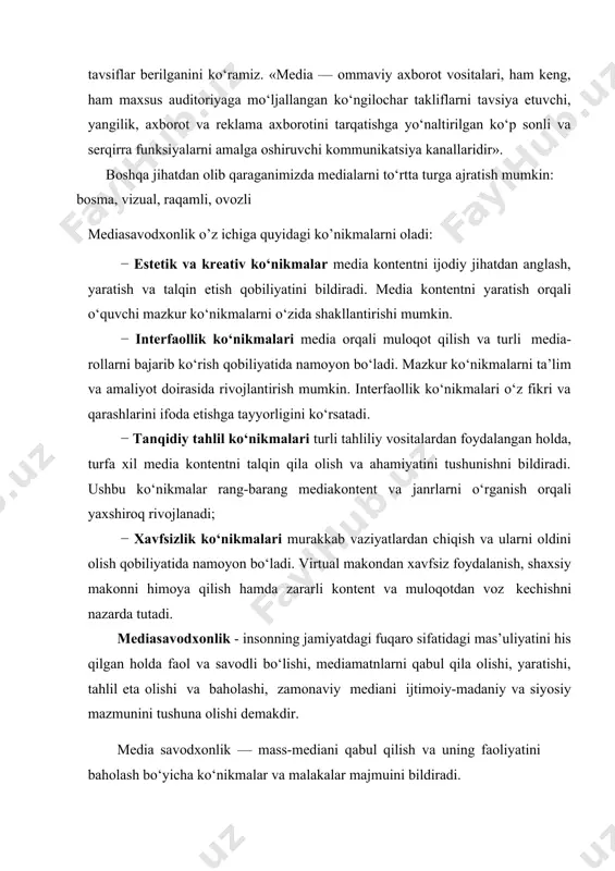 r tomonidan bir-biriga og‘zaki, yozma va boshqa usulda beriladigan ma’lumotlar tushunilgan. keng ma’noda axborot ta’rifi kibernetika fanida keltirilgan. uning asoschisi norbert vinerning yozishicha, “axborot — bu biz unga va uning bizning hissiyotlarimizga moslashuvchi, tashqi dunyodan olingan mazmun tavsifidir”. ayrim tadqiqotchilarning ta’kidlashicha, axborot deb oldindan ma’lum bo‘lmagan biror narsa haqidagi xabar yoki ma’lumotlar tushuniladi. axborot muhim unsur bo‘lib, usiz nafaqat alohida insonni, balki jamiyatni ham tasavvur qilib bo‘lmaydi. masala, uning sifati, mazmuni, ohangi va yo‘naltirilganligidadir. shu bois axborot chegaralangan, qalbakilashtirilgan, tezkor, dolzarb va h.k. bo‘lishi mumkin. media va boshqa axborot manbalari tomonidan taqdim etilayotgan axborotdan to‘g‘ri foydalanish, insonlarning o‘zida axborotga bo‘lgan ehtiyojini anglashi, ma’lumotni topish va unga egalik qilish hamda sifatini baholash imkonini beradi. aksariyat hollarda iste’molchi u yoki bu maqsadga erishish uchun nimani bilishi zarurligini anglaydi va o‘z qidiruvishini ma’lum bir natijaga qaratadi. masalan, inflyatsiya sharoitida har bir fuqaroni narx-navoning o‘sishi qiziqtiradi. abiturient oliy ta’lim muassasasiga kirish qoidalariga oid barcha …