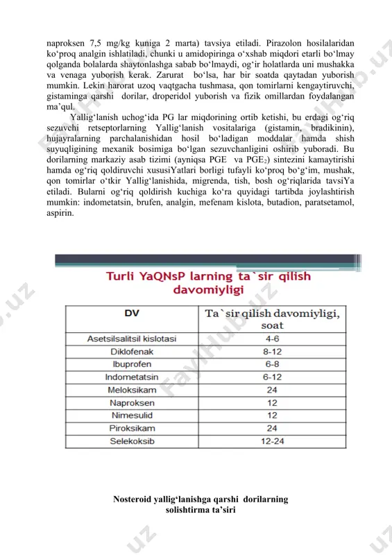 ishi natijasida tana harorati ko‘tariladi. nosteroid tuzilishiga ega bo‘lgan dorilar orqa miya suyuqligida pglar miqdorini, ularning gipotalamus neyronlariga qo‘zg‘atuvchi ta’sirini kamaytiradi, bu esa o‘z navbatida issiqlik hosil bo‘lishini kamaytiradi va mayda qon tomirlarni kengaytirib, issiqlikning tanadan chiqib ketishini tezlashtiradi. bu mexanizm ayniqsa 5-7 yoshgacha bo‘lgan bolalarda tana haroratini pasaytirishda katta ahamiyatga ega. haroratning foydali tomoni shuki (antitelalar hosil bo‘lishi va interferon faolligini oshiradi), u leykotsitlar faolligini va ularning fagotsitar xususiyatlarini, aktg, gk sintezini kuchaytiradi, jigarning toksinlarni zararsizlantirish vazifasini oshiradi. uning zararli tomoni shuki, u mikrotsirkulyasiyani va buyrakda qon aylanishini buzadi, katabolik jarayonlarni kuchaytirishi hisobiga miyaning kislorod bilan ta’minlanishi buziladi, miya to‘qimalari shishini natijasida bolalar shaytonlab qolishlari mumkin. nosteroid dorilarni harorat ko‘tarilishi shaytonlashga sabab bo‘lganda, zotiljam, meningit rivojlangan paytlardagina tavsiya etish mumkin. pediatriya amaliyotida tana haroratini pasaytirish ahamiyati jixatidan bu dorilarni quyidagi tartibda joylashtirish mumkin: indometatsin, analgin, amidopirin, mefenam kislota, naproksen, paratsetamol, aspirin. bolalarda haroratni pasaytirish uchun ko‘proq paratsetamol (10-15 mg/kg …
