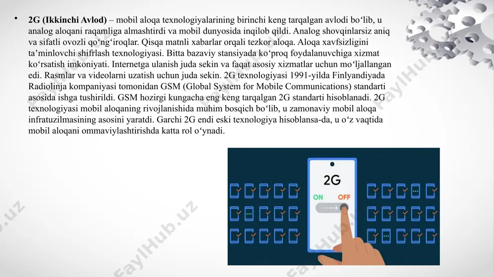 l yarating. onlayn banking yoki onlayn xarid qilish kabi muhim amallarni bajarish uchun jamoat wi-fi tarmoqlaridan foydalanmang. agar ulanish zarur boʻlsa, vpn dan foydalaning. nomaʼlum tanishlardan kelgan havolalarni ochmang va shubhali ilovalarni oʻrnatmang. ikki omilli autentifikatsiya qoʻshimcha himoya qatlami taʼminlab, faqat paroldan tashqari, telefoningizga yuborilgan kodni kiritishni talab qiladi. ilovalarga faqat ularga haqiqatan ham kerak boʻlgan ruxsatlarni bering. zararli dasturlardan zarar koʻrish yoki boshqa muammolar yuzaga kelgan taqdirda, maʼlumotlaringizni qayta tiklash uchun zaxira nusxasini yarating. vpn internet ulanishingizni shifrlab, uni xavfsizroq qiladi. zararli dasturlarni qurilmangizga yuklab olish uchun hujumchilar jamoat zaryadlash qurilmalaridan foydalanishi mumkin. xulosa mobil internet texnologiyalari jamiyatimizni tubdan o'zgartirdi. 2g dan 6g gacha bo'lgan evolyutsiya davomida biz aloqa tezligi, sifat va imkoniyatlar jihatidan ulkan yutuqlarga erishdik. bugungi kunda mobil internet nafaqat aloqa vositasi, balki ish, ta'lim, ko'ngil ochish va boshqa ko'plab sohalarda muhim rol o'ynaydi. har bir yangi avlod tarmog'i oldingisiga nisbatan ancha yuqori tezlikni ta'minlaydi. bu esa …