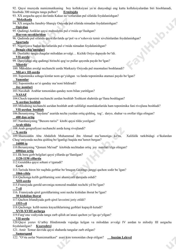 xett podsholigining davlat arxivi qaysi tumandan topilgan? bo’g’ozqoya 60. mil.avv ii-ming yillikga oid boʻlgan hind-evropa tillaridagi eng qadimgi tekstlar deb hisoblanilgan qatorni toping? rigveda 61. 1947-yilda qaysi nemis professori turkiyaning qoratepa tepaligidan xett iyeroglifi va qisman finikiyaliklar tilida yozilgan matn topadi? gelmut bossert 62. xett adiblaridan boʻlgan killas gomerdan necha yuz yil ilgari yashab ijod qilgan? 500 yil ilgari 63. lotin yozuvi qachondan boshlab toʻliq shakllana boshlagan? mil.avv vii-vi-asrdan 64. vatikandagi k'yaramonte muzeyining lapidariya galeriyasida epigrafik yodgorliklarga oid necha ming yozuvli yodgorligi saqlanadi? 5000 yozuvli 65.nechanchi asr so‘ngida abdumalikumaviy pul islohoti o‘tkazib, musulmon tangasini zarb qilishga asos soldi? vii-asr so’ngida 66. musulmon tangalardagi yozuvlar viii-ix asrlardagi musulmon tangalari ko‘pincha qaysi yoszuvda bo`lgan? kufiy yozuvida 67.mug' togʻi sugʻd arxivi deb yuritiluvchi majmua qaysi asrlarda bitilgan? vii-viii asrlarda 68. qadimda yunonchada sutka soʻzi qanday nomlangan? etega deb nomlangan 69. dastlabki yunon quyosh soatlari mil.avv 550 yillarda kim tomonidan yaratilgan? anaksimandr 70. mirzo …