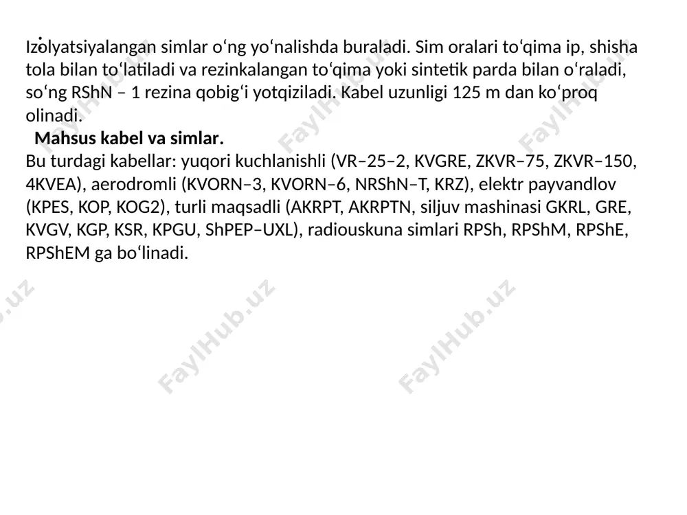 yyorlanadi. tok uzatuv simining kesim yuzasi 2,5 mm2 – 5 klassli, 6 va 10 mm2 lisi – 4 klassli qalaylangan misdan burab tayyorlanadi. simlar rti – 1 yoki rtepi – 1 rezinada izolyatsiyalanadi. izolyatsiya qalinligi kvorn – 3 da 3 mm, kvorn – 6 da 4,8 mm, nrshm – t da 1,2 mm. kvorn – 6 kabel qobig‘i moy – benzinga chidamli rshn – 2 rezinadan 2,8 mm qalinliqda yotqaziladi, bu rezina boshqa kabellarda esa 2,0 mm qalinliqda yotqaziladi. kabellar 0,5 m dan 140 m uzunlikgacha tayyorlanadi. sanchig‘ va suqma tuzilishi va o‘lchami belgilanganidek olinadi, kontakt qismlari qalay-o‘rg‘oshinda biriktiriladi va nikel qoplami yotqaziladi. past kuchlanishli krz ayerodrom kabeli aerodrom chiroqlarini ketma-ket ulashda qo‘llaniladi va 660 v kuchlanishgacha (o‘zgaruvchan) ishlab chiqariladi. kabel bir simli 4 – klassli tayyorlanib, 0,6 mm qalinliqda rti – 1 rezina bilan izolyatsiyalanadi va ustidan rshn – 1 rezina 0,8 mm qalinliqda qoplanadi. bu kabel uzunligi 125 …