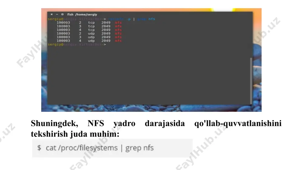 ina qator orqali nfs server qismi sozlandi, endi serverni ishga tushiramiz: /etc/init.d/service nfs start serverni to`xtatish etc/init.d/service nfs stop serverni qayta yuklash /etc/init.d/service nfs reload bu jarayonlarni operatsion tizimning "services"(службы) qismidan ham amalga oshirish mumkin. endi klient qismiga o`tamiz. 192.168.1.18 kompyuterni sozlaymiz. dastlab yuqoridagi katalog uchun joy tayyorlaymiz, ya‘ni biror joyda bo`sh katalog hosil qilamiz. mkdir /akmx so`ng, ochilgan katalogga yuqoridagi katalogni montirovka qilamiz. uning uchun /etc/fstab faylini ochib, ichiga quyidagilarni yozamiz. 192.168.1.17: /home/user/akmx /akmx nfs rw,hard,intr 0 0 va saqlaymiz. 192.168.1.17 - bu nfs server kompyuterining adresi. bu faylga yozishdan maqsad, kompyuter o`chib yonganda ham, montirovka saqlab qolinadi. davom etamiz, yoki kompyuterni o`chirib yoqamiz, yoki quyidagi komandani terminalga yozamiz. mount /akmx so`ng hosil bo`lgan /akmx katalogiga o`tamiz va 192.168.1.17 adresidagi /home/user/akmx katalog ichidagi hujjatlar, shu erda ham paydo bo`lganini ko`rishimiz mumkin bo`ladi. hulosa shuki, nfs server orqali, uzoqdagi kataloglarni, o`zingizning katalogingizga nusxasini olishingiz mumkin bo`ladi. gnome grafik muhiti dasturlari …