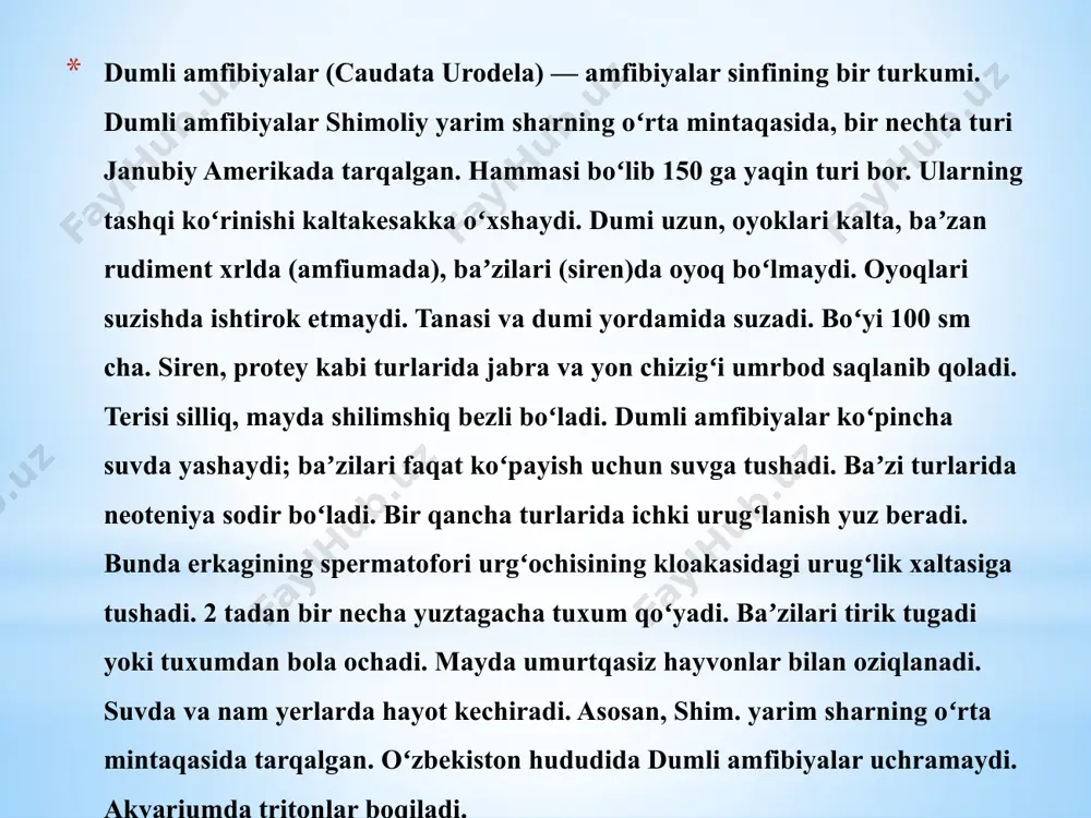 iri acanthostega jinsidan. akanthostega suvda yashaydi; fotoalbomlar uning baliqlarga o'xshash g'iloflari borligini ko'rsatadi. biroq, uning to'rtta a'zosi ham bo'lgan, oyoq-qo'llarining skelet tuzilishi hozirgi tetrapodlarda, shu jumladan amfibiyalarda uchraydi. shu sababli, akanthostega sayoz suvlarda yashagan va lobli baliqlar va erta, to'liq quruqlikdagi tetrapodlar o'rtasidagi oraliq shakl bo'lgan deb taxmin qilinadi. acanthostegadan oldin nima bo'lgan? mmmmm quruqlikka ko'chib o'tgan dastlabki tetrapodlar yangi ozuqa manbalariga va nisbatan kam sonli yirtqichlarga ega edi. bu erta karbon davrida tetrapodlarning keng tarqalishiga olib keldi: ba'zan "amfibiyalar davri" deb ataladi. amfibiyalarning birinchi yirik guruhlari devon davrida, taxminan 370 million yil oldin, zamonaviy selakant va o'pka baliqlariga o'xshash bo'lakli baliqlardan paydo bo'lgan. [16] bu qadimiy lob qanotli baliqlar dengiz tubi boʻylab sudralib yura oladigan koʻp boʻgʻimli oyoqsimon qanotlarga ega boʻlgan. devon botqoqlarining turg'un hovuzlarida kislorod kam bo'lganida, ba'zi baliqlar havodan nafas olishga yordam beradigan ibtidoiy o'pkalarni ishlab chiqdilar. agar shartlar kerak bo'lsa, ular kuchli qanotlarini suvdan va quruq …