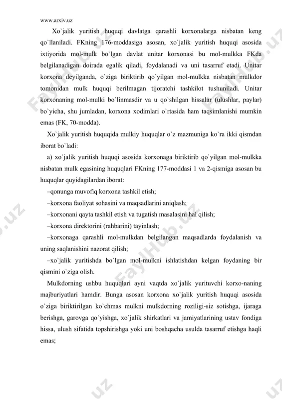 zbekiston respublikasi fkning 178-moddasida operativ boshqa-rish huquqining mazmuni berilgan. unga asosan davlat korxonasi, shu-ningdek muassasasi o`zlariga biriktirib qo`yilgan mol-mulkka nisbatan qonunda belgilab qo`yilgan doirada, o`z faoliyatining maqsadlariga, mulk-dorning topshiriqlariga hamda mol-mulkning vazifasiga muvofiq holda egalik qilish, undan foydalanish va uni tasarruf etish huquqlarini amalga oshiradilar. davlat korxonasi yoki muassasasiga biriktirib qo`yilgan mol-mulk-ning egasi ortiqcha foydalanilmayotgan yoki noo`rin foydalanilayotgan mol-mulkni olib qo`yish hamda uni o`zi xohlagan tarzda tasarruf etishga haqli. operativ boshqaruv huquqidan foydalanuvchi muassasa o`ziga biriktirib qo`yilgan mol-mulkni va smeta bo`yicha unga ajratilgan mab-lag`lar hisobiga sotib olingan mol-mulkini boshqa shaxsga berishga yoki boshqacha usul bilan tasarruf etishga haqli emas. agar ta`sis hujjatlariga muvofiq muassasaga daromad keltiradigan faoliyat bilan shug`ullanish huquqi berilgan bo`lsa, bunday faoliyatdan olingan daromadlar bu daro-madlar hisobidan sotib olingan mol-mulk muassasaning mustaqil tasarru-figa o`tadi va alohida balansda hisobda olib boriladi (masalan, davlatga qarashli oliy o`quv yurti kafedrasi tomonidan shartnoma asosida tadqiqot-lar o`tkazib, ishlab topilgan mablag`lar xuddi shunday tartibda …