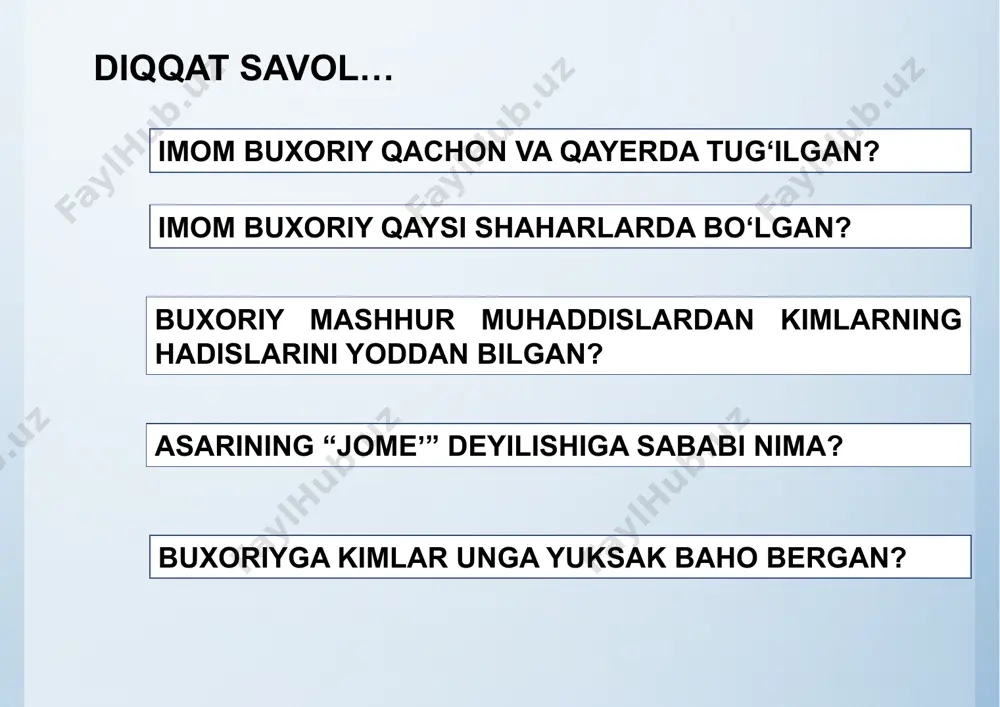 sallamni u zotga nisbat berilayotgan yolgʻonlardan himoya qilyapsan” – deb aytdilar. ana oʻsha tush meni “al-jomeʼ as-sahih” asarimni yozishga undadi”. muhaddis ustozlari valiyulloh dehlaviy quyidagilarni aytadi: “ahli hadislar hadis ilmini devonga kiritib, tasnif qilganlarida uni toʻrt fandan iborat qilganlar: sunnat fani. tafsir fani. siyrat fani. zuhd va raqoiq. imom buxoriy mazkur toʻrt fanni bir kitobda jamlagan. abu iso muhammad ibn iso at-termiziy (209/824 – 279/892) abu muhammad abdulloh ibn abd ar-rahmon ad-dorimiy as-samarqandiy (181/797 – 255/868) abu abdulloh muhammad ibn yazid ibn mojja (209/824 – 273/886) kitobi ustida ishlashni u basrada boshlaydi rivoyatlarga ko‘ra, u yuz minglab hadislarni to‘plab, ulardan 300 mingtasini yoddan bilgan. u hayotining 42 yilini izlanishlar bilan o‘tkazadi. uning so‘zlariga ko‘ra, kitobga 1080 ta muhaddisning hadislari kiritilgan. hadislarning ishonchliligiga ularning kelib chiqish manbasi va har bir zanjir aniq ko‘rsatgich bo‘la oladi. imom buxoriy: “al-jomeʼ as- sahih” asarini oʻn olti yilda yozganman va olti yuz ming hadisdan chiqarib …