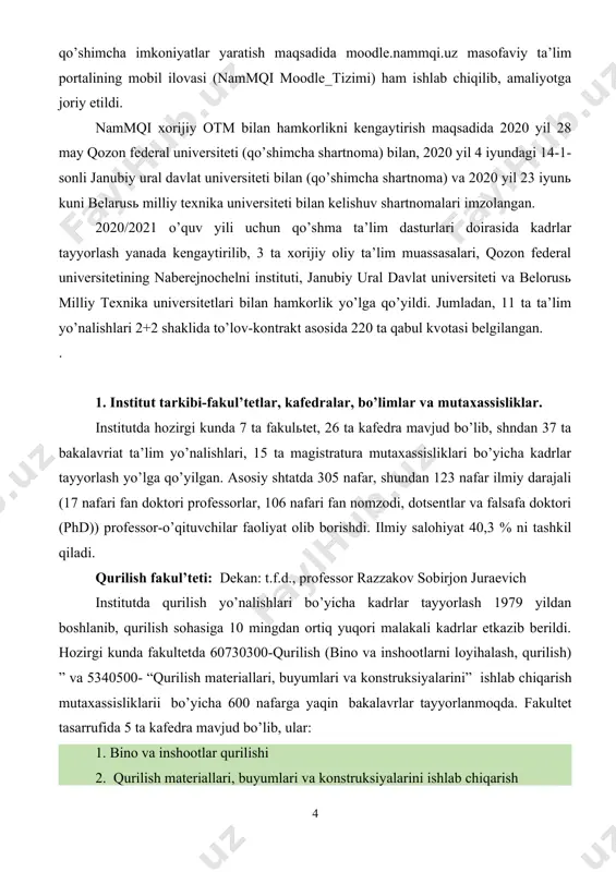 ar kesimida fanlardan o’quv adabiyotlari bazasi shakllantirildi va shu orqali fanlarning uslubiy ta’minoti yaratildi. chekka hududlarda hamda internet orqali masofaviy ta’lim olishning texnik imkoniyatlar cheklanganligini, shuningdek talabalarga onlayn ta’lim olishlari uchun qo’shimcha imkoniyatlar yaratish maqsadida moodle.nammqi.uz masofaviy ta’lim portalining mobil ilovasi (nammqi moodle_tizimi) ham ishlab chiqilib, amaliyotga joriy etildi. nammqi xorijiy otm bilan hamkorlikni kengaytirish maqsadida 2020 yil 28 may qozon federal universiteti (qo’shimcha shartnoma) bilan, 2020 yil 4 iyundagi 14-1-sonli janubiy ural davlat universiteti bilan (qo’shimcha shartnoma) va 2020 yil 23 iyunь kuni belarusь milliy texnika universiteti bilan kelishuv shartnomalari imzolangan. 2020/2021 o’quv yili uchun qo’shma ta’lim dasturlari doirasida kadrlar tayyorlash yanada kengaytirilib, 3 ta xorijiy oliy ta’lim muassasalari, qozon federal universitetining naberejnochelni instituti, janubiy ural davlat universiteti va belorusь milliy texnika universitetlari bilan hamkorlik yo’lga qo’yildi. jumladan, 11 ta ta’lim yo’nalishlari 2+2 shaklida to’lov-kontrakt asosida 220 ta qabul kvotasi belgilangan. . 1. institut tarkibi-fakul’tetlar, kafedralar, bo’limlar va mutaxassisliklar. …