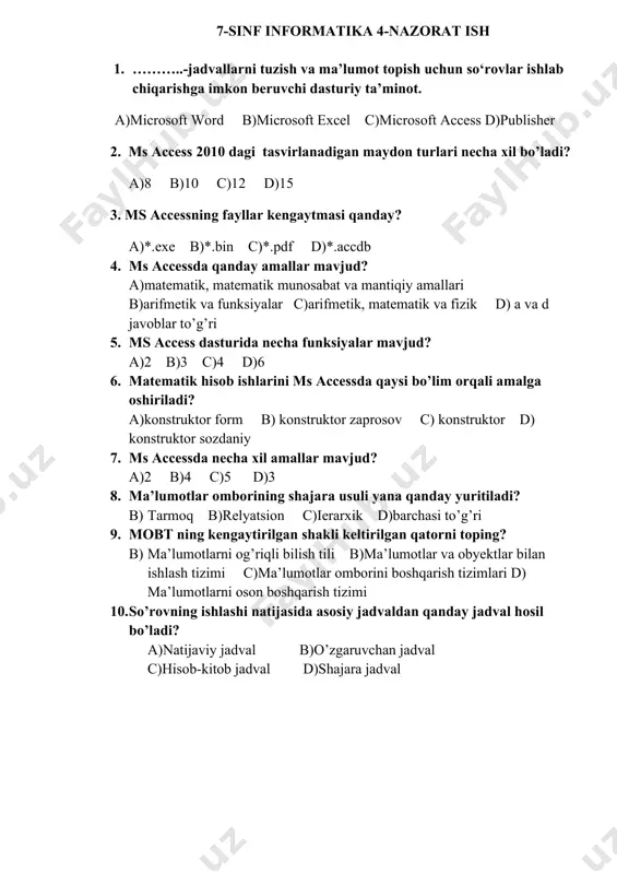 hisob ishlarini ms accessda qaysi bo’lim orqali amalga oshiriladi? a)konstruktor form b) konstruktor zaprosov c) konstruktor d) konstruktor sozdaniy 7. ms accessda necha xil amallar mavjud? a)2 b)4 c)5 d)3 8. ma’lumotlar omborining shajara usuli yana qanday yuritiladi? b) tarmoq b)relyatsion c)ierarxik d)barchasi to’g’ri 9. mobt ning kengaytirilgan shakli keltirilgan qatorni toping? b) ma’lumotlarni og’riqli bilish tili b)ma’lumotlar va obyektlar bilan ishlash tizimi c)ma’lumotlar omborini boshqarish tizimlari d) ma’lumotlarni oson boshqarish tizimi 10. so’rovning ishlashi natijasida asosiy jadvaldan qanday jadval hosil bo’ladi? a)natijaviy jadval b)o’zgaruvchan jadval c)hisob-kitob jadval d)shajara jadval 1 2 3 4 5 6 7 8 9 10 c b d a a b d c c a