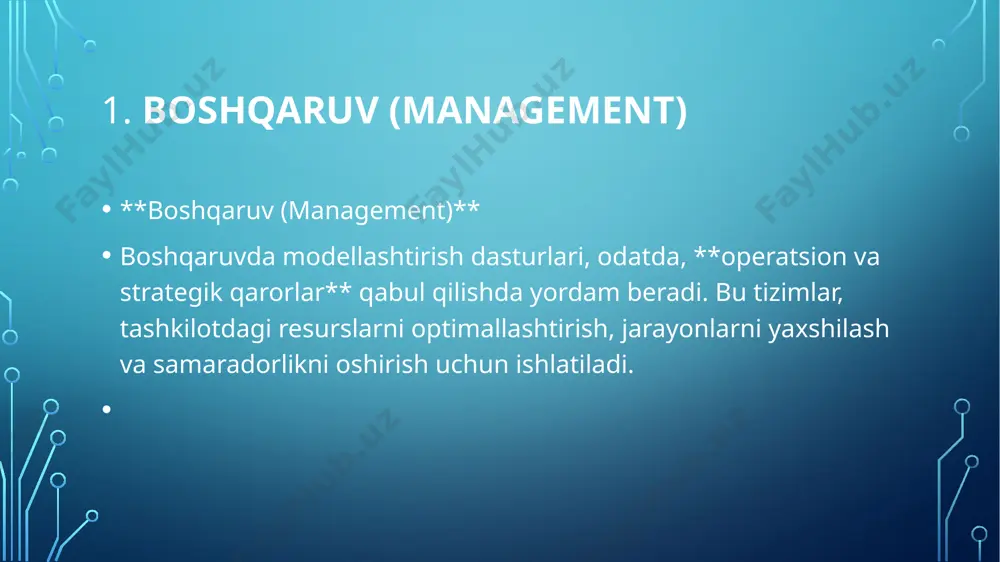 cal decision support systems (cdss):** tibbiy qarorlarni qo'llab-quvvatlash tizimlari: - **uptodate** – tibbiy bilimlarni real vaqt rejimida taqdim etish va tavsiyalar berish. - **ibm watson health** – kattalikdagi ma'lumotlarni tahlil qilish va qarorlar qabul qilishda yordam beruvchi sun'iy intellekt tizimi. - **hospital management systems (hms):** sog‘liqni saqlash muassasalarining samaradorligini oshirish uchun ishlatiladi: - **meditech** – sog‘liqni saqlash muassasalarida bemorlar, dori-darmonlar va moliyaviy operatsiyalarni boshqarish. - **allscripts** – tibbiy ma'lumotlarni boshqarish va xizmatlarni optimallashtirish. **savdo (sales)** savdo jarayonlarini modellashtirish, mijozlar bilan munosabatlarni boshqarish, sotuvlarni prognoz qilish va marketing strategiyalarini optimallashtirishga yordam beradi. modellashtirish dasturlari: **customer relationship management (crm) tizimlari:** mijozlar bilan munosabatlarni boshqarish va sotuvlarni tahlil qilish uchun ishlatiladi: - **salesforce** – mijozlar bilan aloqalarni boshqarish, sotuvlar va marketingni tahlil qilish. - **hubspot** – crm, marketing va sotuvlar jarayonlarini birlashtirish uchun ishlatiladi. - **sales forecasting tools:** sotuvlarni prognoz qilish dasturlari: - **zoho crm** – sotuvlar jarayonini tahlil qilish va prognoz qilish …