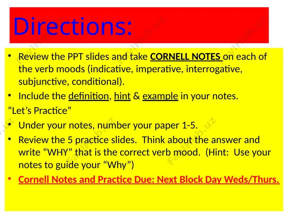 rin (imperative), and then you should call me in the morning (indicative). let’s practice! directions: tell what type of verb mood is used in the sentence. where is the key to your house? indicative imperative interrogative conditional subjunctive c. interrogative why? let’s practice! directions: tell what type of verb mood is used in the sentence. if i were to win a million dollars, there are a million things i would do! indicative imperative interrogative conditional subjunctive e. subjunctive why? let’s practice! directions: tell what type of verb mood is used in the sentence. christmas is less than a month away. indicative imperative interrogative conditional subjunctive a. indicative why? let’s practice! directions: tell what type of verb mood is used in the sentence. if you study for this quiz, you will get an “a”.. indicative imperative interrogative conditional subjunctive d. conditional why? let’s practice! directions: tell what type of verb mood …