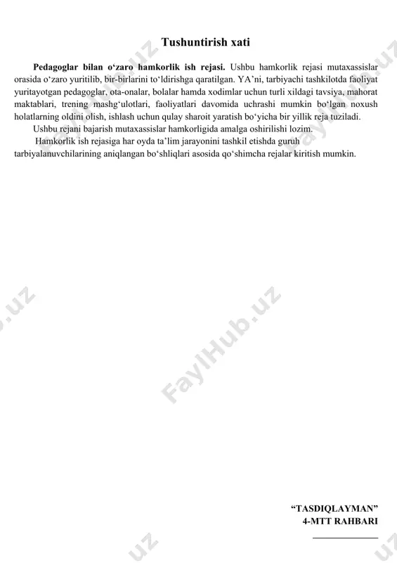 vomida o‘quvlar ota-onalar bilan hamkorlik 7 kuzatuv kengash bilan xamkorligidagi ishlarni yo‘lga solish, yig‘ilishlarda ishtirokini taminlash. 2019-2020 o‘quv yili davomida seminar va tadbirlar 8 bolalarning kattalar va tengdoshlariga bo‘lgan munosabatini aniqlash. bolaning tengdoshlari bilan muloqotga kirishish qobiliyatini rivojlantirish 2019-2020 o‘quv yili davomida faoliyatlar kuzatuvi psixolog bilan hamkorlik 9 4-sonli maktabgacha ta’lim tashkilotida pedagog va xodimlar orasida shaxslararo munosabatlarni yaxshilashda trening usulidan foydalanish. 2019-2020 o‘quv yili davomida seminar, treninglar 10 mttga yangi qabul qilingan, guruhdan guruhga o‘tkazilgan tarbiyalanuvchilarning bolaning aqliy qobiyatini rivojlantirish bo‘yicha hamkorlikda ishlash 2019-2020 o‘quv yili davomida suhbat maslahat 11 3-7 yoshli bolalarning qobiliyatlarini xisobga olgan xolda ularni maktabga tayyorligi imkoniyatlarini aniqlash 2019-2020 o‘quv yili davomida kuzatuv 12 3-7 yoshli bolalarning qobiliyatlarini xisobga olgan xolda ularni maktabga tayyorligi rivojlanish xaritani yuritish bo‘yicha mutaxassis bilan hamkorlik. 2019-2020 o‘quv yili davomida faoliyatlar kuzatuvi defektolog bilan hamkorlik 13 3-7 yoshli bolalarning qobiliyatlarini xisobga olgan xolda ularni maktabga tayyorligi imkoniyatlarini aniqlash 2019-2020 o‘quv …