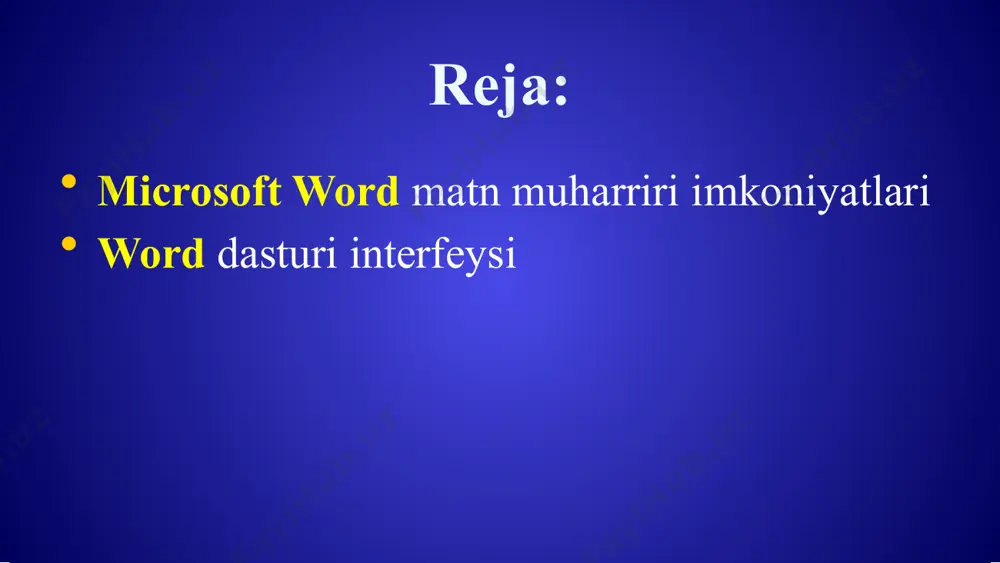 qalarini jixozlash va shu kabi bir qator ishlarni bajarish mumkin. bu dasturni ishga tushirish bir necha usullari mavjud. windows ishchi stolida joylashgan «пуск» menyusi ko’magida. «пуск»  word «пуск»  «все приложения»  word ishchi stolida joylashgan word yorlig’i ko’magida ixtiyoriy word hujjatidan foydalanib eslatma: tegishli buyruq yoki yorliq tanlangach sichqoncha chap tugmasi bosilishi talab etiladi. microsoft word matn muharririni ishga tushirish. word 2003 ishchi soha menyular satri formatlash uskunalar paneli sarlavha qatori holat satri standart uskunalar paneli microsoft word 2003 ushbu qator ms word oynasi yuqori qismida joylashgan bo’lib, faylning nomi haqida chap tomonida ma’lumotni ko’rish mumkin. o’ng tomondagi tugmachlar (piktogrammalar) ko’magida dastur ishini yakunlash. to’liq ekran yoki bir necha oynali holatni joriy qilish. masalaar paneliga joylashtirish mumkin. boshqaruv elementlari virtual tugmalarining vazifalari yangi hujjat yaratish mavjud hujjatni ochish xotiraga yozish chop etish bajarilgan amallarni bekor qilish yoki tiklash orfografiyani tekshirish . nusxa olish va cho’ntakda saqlash. ma’lumotlarni qirqib …