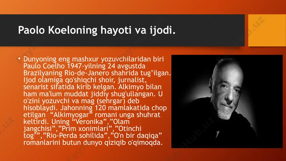a podsholigi ispaniya afrika asardagi milliy kalorit. asardagi voqealar asosan afrikadagi musulmon davlatlar hududida sodir bo’ladi. aynan shu tufayli ham ushbu romanda arablarga xos bo’lgan urf-odat namunalarini ko’rishimiz mumkin bo’ladi. har qadamda chodirlaru savdo qutilari turgan tor ko‘chalar, minglab olomon bilan to‘la bozor maydoni. ko‘katu mevalar pichoq, xanjarlar bilan bir joyga uyub tashlangan, gilamlar esa turli-tuman chilimlar yonida. qora libosdagi erli ayollarga gap qotmaslik lozim. asardagi tugun roman qahramoni santiyago xazinani izlab uzoq safarga chiqadi. bu safar davomida boshidan juda ko’p sarguzashtlar o’tadi. nazarimda asardagi tugun orzuning ro’yobi va ozruga erishish yo’lida duch kelish mumkin bo’lgan to’siqlarni yenga olish uchun insonning o’zida kuch topa olishidir. asardagi konflikt konfliktning bir necha turlari mavjud: inson-inson, inson-jamiyat, inson-mashina. ammo ushbu romanda konflikt turi o’zgacharoq. asarda qahramonning o’zi bilan konflikt mavjud. ya’ni insonning o’z orzusiga erishishida unga duch keladigan eng katta to’siq bu o’sha insonning o’zidir. kulminatsiya asarning kulminatsion nuqtasi sifatida men quyidagi fikrlar …