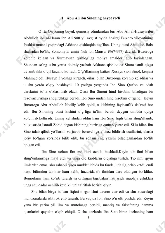 ing «metafizika»ning maqsadlari haqidagi kitobini o’qib metafizikani o’zlashtiradi. bu orada otasi vafot etib, ahvolida o‘zgarish yuz berdi; sulton huzuridagi vazifalaridan birini o‘z zimmasiga oldi. keyin zarurat yuzasidan buxoroni tark qilishga, gurganj tomonga ko‘chishiga to‘g‘ri keldi. ibn sino barcha zaruriy bilimlarni buxoroda oladi. u ilmiy ijodni 18 yoshidan boshlaydi. nuh ibn mansurga atab nafsoniy quvvatlar haqida risola, «urjuza» tibbiy she'riy asari, o’z qo’shnisi va do’sti abu-l-husayn al-aruziyning iltimosiga binoan, ko’p fanlarni o’z ichiga olgan «al-hikmat al-aruziy» («aruziy hikmati») asarini yaratadi. ibn sino 20 jildli «al-hosil va l-mahsum» («yakun va natija») qomusiy asari hamda 2-jildli «kitob al-bir val-ism» (saqovat va jinoyat kitobi») asarini yozdi. qoraxoniylar 999 yil buxoroni zabt etib, somoniylar davlatini ag’darganidan keyin ibn sino hayotida tashvishli, notinch va og’ir damlar boshlandi. buxoroda vaziyat keskinlashib, taxt uchun kurash 1005 yilgacha davom etadi. shu bois ibn sino o’z yurtini tark etib xorazmga ketadi. bu davrda xorazm tinch bo’lib, iqtisodiy va madaniy jihatdan …