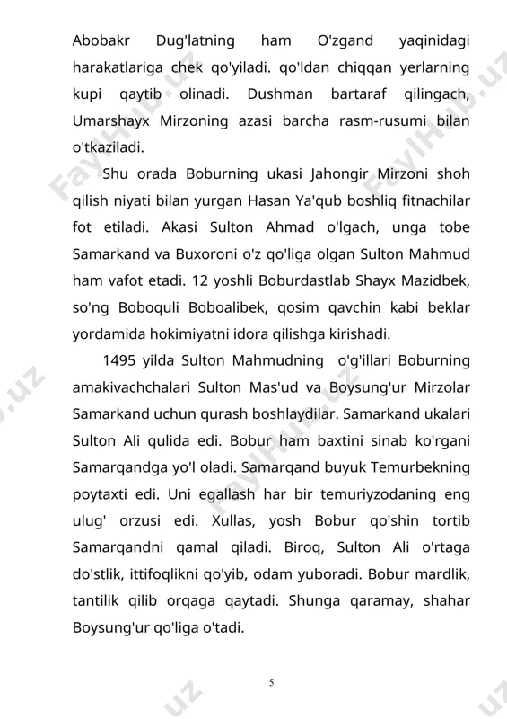 'oyining tavba-tazarrusini olib kelgan navkar paydo buladi. ali do'st tag'oyi bobur mirzo uning gunohini kechira olsa, ixtiyoridagi marg'ilonni topshirib, xizmatini qilish istagini bildirgan edi. shu tariqa, bobur 904 yilning zulqa'da (1499 yil iyun-iyul) oyida salkam ikki yildan keyin andijonga qaytib, qo'ldan chiqqan yurtini qayta egallashga muvaffaq bo'ldi. biroq ahmad tanbal bilan chakana janglar uzoq davom etdi. ahmad tanbal atrofiga odam to'plab, boburning ukasi jahongir mirzoni xon ko'tarish bahonasi bilan urushni davom ettiraverdi. oxir-oqibat sulhga kelishildi. sirdaryoning axsi taraf viloyatlari jahongir mirzoga, andijon tomoni boburga bo'ysunadigan bo'ldi. 1500 yilda oysha sultonbegim xo'jandga keladi. bobur uni to'y qilib, nikohiga oladi. shu yildan boburning she'r mashq qila boshlagani ma'lum. dastlabki she'rlari fors tilmda edi. boburni saltanat uchun kurash yana o'z bag'riga oladi. samarqandda sulton ali mirzo bilan muhammad mazid tarxon boshliq beklar orasida ixtilof chiqadi. turkistondagi o'zbeklar xoni shayboniyxon buxoro va uning atroflarini egallab, samarqandga tahdid solib kelar edi. sulton ali boburga murojaat …