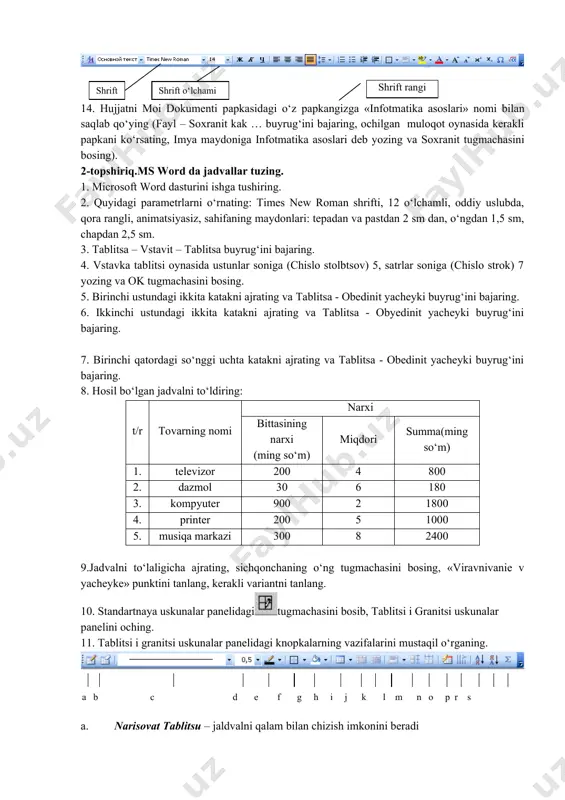 . boshqa barcha sarlavhalarni shu usulda formatlang. 8. birinchi sarlavhani - " axborot kommunikasion texnologiyalari” ajrating, uning uchun harflar orasini 2 pt ga kichraytirilgan interval kabi o‘rnating ("shrift" muloqot oynasini oching "interval" vkladkasiga o‘ting, «interval» bo‘limidagi menyuni oching va "uplotnenniy" punktini tanlang, o‘ngdagi "na" maydonida 2 raqamini yozing va ok tugmachasini bosing) 9. xuddi shu usulda barcha toq nomerli sarlavhalarni formatlang. 10. birinchi sarlavhani - "axborot kommunikasion texnologiyalari” ajrating, uning uchun harflar orasini 3 pt ga kengaytirilgan interval kabi o‘rnating (8-topshiriqqa qarang, faqat "uplotnenniy" punktining o‘rniga "razrejenniy" punktini tanlang va "na" maydonida 3 yozing). 11. birinchi sarlavhaning matnini ajrating va uning uchun "krasnqe muravg‘i" animatsiyasini o‘rnating ("shrift" muloqot oynasini oching "animatsiya" vkladkasiga o‘ting, "vid" ro‘yhatida "krasnie muravyi" animatsiyasini tanlang va ok tugmachasini bosing). 12. xuddi shu usulda matnning ixtiyory bir necha bo‘laklarini formatlang. 13. mustaqil holda «formatirovanie» uskunalar panelining vazifalarini o‘rganib oling: 14. hujjatni moi dokumenti papkasidagi o‘z papkangizga «infotmatika …