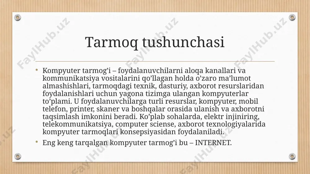 ridan geografik tomondan alohida bo‘lgan tomonlarni kam xarajat va osonlik bilan ulash imkoniyatini beradi. wan tarmoq kamchiliklari: tuzilish jihatidan juda ham murakkab; past о‘tkazish qobilyatiga ega va ulanishni uzilish xavfi yuqori. wan mintaqaviy tarmoq wide area network global kompyuter tarmog‘i million foydalanuvchini birlashtiradi. man tarmog’ining afzalliklari: man tarmog‘ida kompyuterlarni bog‘lash kanallari yuqori о‘tkazuvchanlik qobilyatiga egaligi sababli, ma’lumotlarni oson taqsimlash imkoniyatini beradi. kо‘plab foydalanuvchilar uchun ma’lumotlarni taqsimlashda teng tezkorlik taqdim etadi. man tarmog’ining kamchiliklari: birinchi marta foydalanishdan oldin ma’lumot о‘rnatilish va sozlanishlarni talab etadi. lan tarmog‘iga qaraganda yuqori narxga ega. man shahar tarmoq metropolitian area network shahar qamrovidagi tarmoq 0-1000tagacha foydalanuvchi; radius qamrovi 1000metrgacha. pan shahar tarmoq personal area network mazkur tarmoq о‘rnatilgan ulanish orqali qurilmalar orasida ma’lumot va fayllarni taqsimlash imkoniyatini beradi. 0-8tagacha foydalanuvchi; radius qamrovi 30metrgacha. can shahar tarmoq campus area network narx nuqtai nazaridan samarali; kampusdagi turli bо‘limlar о‘rtasida о‘zaro aloqa о‘rnatish imkoniyatini beradi; ma’lumotlarni taqsimlashda bir xil …