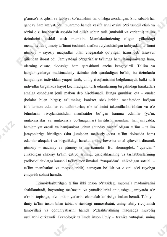 im ikki inson o‘rtasidagi muomala madaniyatini shakllantiradi, hayotning ma’nosini va yunalishlarini aniqlashga, jamiyatda o‘z o‘rnini topishga, o‘z imkoniyatlarini chamalab ko‘rishga imkon beradi. tabiiy – ilmiy ta’lim inson bilan tabiat o‘rtasidagi munosabatni, uning tabiiy rivojlanish tamoyillari va qonuniyatlarini hamda o‘zlashtirishning maqsadga muvofiq usullarini o‘tkazadi .texnologik ta’limda inson ilmiy – texnika yutuqlari, uning tamoyillari, metodlari, hozirgi zamon texnologiyasini o‘zlashtiradi. bu faqat ishda emas, balki turmushda, komunnikatsiya sohasida, madaniy hayotda ham kerak. kadrlar tayyorlash milliy dasturining insonparvona mohiyati shundaki, bunda ta’lim – shaxsni shakllantirish va rivojlantirish shakli va usullari sifatida qabul qilinadi. bu o‘qitish va tarbiyalash maqsadi, mazmuni, metodi va vositalarini aniqlashda hal qiluvchi rol uynaydi. u o‘qituvchi bilan o‘quvchi o‘rtasida ta’lim jarayonidagi o‘zaro munosabatlarida o‘zgarish yasaydi, o‘quvchilar faolligi va mustaqilligini oshirish o‘zini o‘zi kashf etishining subyekti bo‘lib qoladi. ta’limni ijtimoiylashrirish o‘qitish subyekti – o‘quvchiga o‘z qobiliyati va ichki imkoniyatlarini ochishga yordam beradi. milliy dasturning ijtimoiy mazmuni tufayli ta’limda yangi kadriyat o‘z ifodasini …