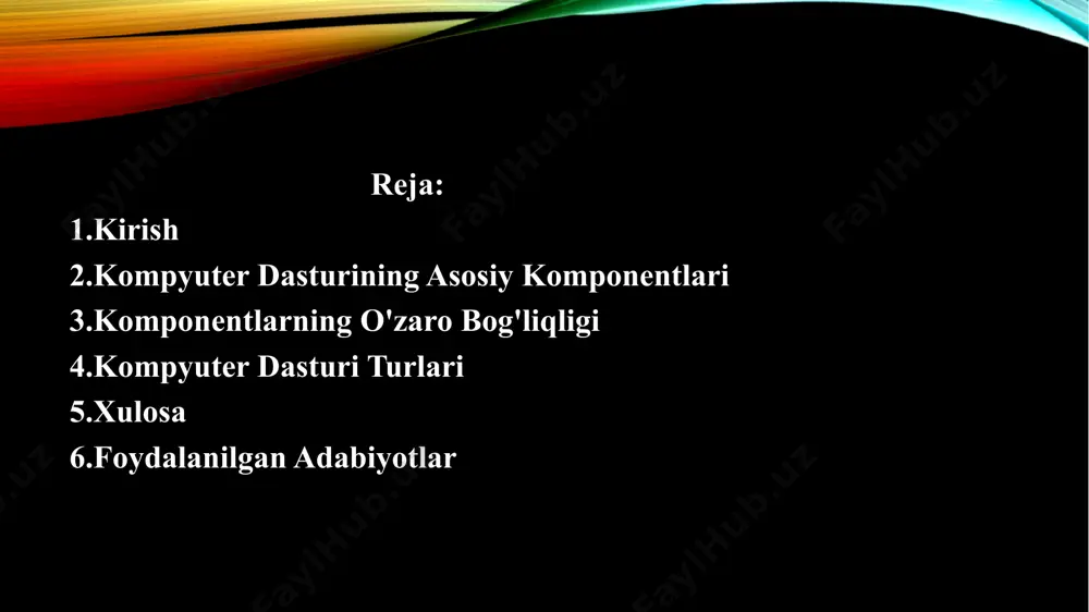 ilarga ma'lumotlarni ko'rish va manipulyatsiya qilish imkonini beradi. tugmalar, piktogrammalar, oyna va boshqalar orqali foydalanuvchi dastur bilan o'zaro aloqada bo'ladi. buyruq qatori interfeyslari (cli): bu foydalanuvchidan buyruqlarni matn orqali kiritishni talab qiluvchi interfeyslar. ular ko'proq rivojlangan foydalanuvchilar uchun qulay, bunday interfeyslar linux kabi operatsion tizimlarda keng qo'llaniladi. ma'lumotlar bazasi funksiyasi: ma'lumotlar bazasi tizimlari ma'lumotlarni saqlash, boshqarish va qayta ishlash uchun zarur bo'lgan strukturalar bo'lib, ular dasturlar va xizmatlarning funksional jihatlarini ta'minlaydi. ularning asosiy vazifalari quyidagilardan iborat: ma'lumotlarni saqlash: ma'lumotlar bazasi turli xil ma'lumotlar turlarini, masalan, matn, raqam, sanalar va boshqa ma'lumotlarni saqlaydi. ma'lumotlarga kirish va boshqarish: foydalanuvchilar yoki dasturlar ma'lumotlardan foydalanish uchun ma'lumotlar bazasidagi ma'lumotlarni o'qish, qo'shish, yangilash yoki o'chirish imkoniyatiga ega. ma'lumotlarni tahlil qilish: ma'lumotlar bazasi foydalanuvchilarga statistik va analitik tahlilni amalga oshirish imkonini beradi, bu esa ma'lumotlar asosida qarorlar qabul qilishni osonlashtiradi kompyuter dasturi turlari kompyuter dasturlari turli xil maqsadlarda ishlatiladi va ularning har biri o'ziga xos xususiyatlarga …