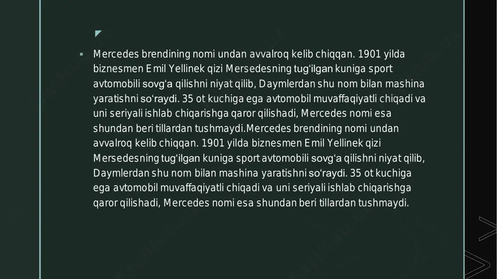 archa sharoitni yaratadi. 5. mercedes kompaniyasida yo‘lga qo‘yilgan tizimga ko‘ra, xodimlar har bi r yaxshi ishi uchun mukofotlanadi. https://uz.zahn-info-portal.de/wiki/iseecars.com z mercedes-benz kamchiliklari 1. yoqilg'ining ko'p sarflanishi. 2. texnik xizmat ko'rsatish ancha qimmatga tushadi. 3. ba'zi orginal bo'lmagan ehtiyot qisimlarni avtomobil bozorida topib bo'lmaydi. 4. shaharda yoqilg'i sarfi 20 litirdan kam emas. z xulosa ▪ o‘z tarixi davomida mercedes kompaniyasi avtopoygalar uchun avtokarlar, ya'ni poyga modellarini ham taqdim etgan. bu bilan ishlab chiqaruvchilar nemis mashinasining texnik imkoniyatlarini namoyish etishgan. 1930-1950 yillardagi avtopoygalar davri mercedes'ning uchar modellari sabab “kumush o‘qlar erasi” degan nom oldi. ▪ apple asoschisi stiv jobs har doim mercedes haydagan va u kompaniya bilan tuzgan shartnomaga ko‘ra, har 6 oyda u yangi avtomobil olgan. kaliforniya qonunlariga ko‘ra, 6 oy davomida raqamsiz harakatlanish mumkin bo‘lgan. z z ▪mercedes tarixi yorqin voqealarga boy va butun dunyo avtomobilsozlik sanoatining favoriti bo‘lib qolaveradi. butun dunyo bu taniqli brend ostida faqat yuqori sifatli va …
