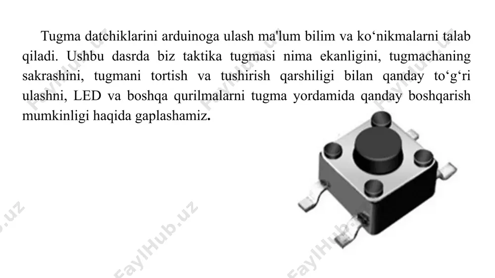 ilik qo‘shing. bir oyog‘ini panelning minusiga, ikkinchisini tugma ulangan pin bilan ulang. bu holda, pin raqami 2 . shunday qilib, bu pinga mantiqiy 0 ni o‘rnatish lozim. led faqat tugma bosilganda o‘chadi va yonadi. tugma qo‘yilganda, led o‘chadi. sizga arduino ide kerak bo‘ladi, uni arduino veb -saytidan yuklab olishingiz mumkin. arduinoga o‘rnatilgan tugmachasi led sxemasi quyidagicha ko‘rinadi: mustaqil ishlash uchun topshiriqlar: 1. ma’ruzaning nazariy materialini o‘rganish. 2. bundan tashqari, ishlatilgan internet -resurslarni o‘rganing. 3. arduino zanjirlarini o‘zingiz ulang. 4. arduino ideda mustaqil ravishda bu ish uchun dastur yozing. havolalar 1. https://alexgyver.ru/lessons/arduino-buttons/ 2. https://arduinomaster.ru/datchiki-arduino/knopka-arduino/ 3. http://edurobots.ru/2014/03/arduino-knopka/ 4. https://alexgyver.ru/lessons/arduino-buttons/ 5. https://arduinomaster.ru/datchiki-arduino/knopka-arduino/ 6. https://zen.yandex.ru/media/id/5ebd73d6fce1527a111c230d/knopki-i-arduino-podkliuchenie-upravlenie-sketch-dlia-raboty-5f650094c833846a1d742a6a thank you that you took the time to watch image1.png image2.png image3.jpeg image4.jpeg image5.jpeg image6.png image7.png image8.png image9.png image10.jpeg image11.jpeg image12.jpeg image13.png image14.png /docprops/thumbnail.jpeg