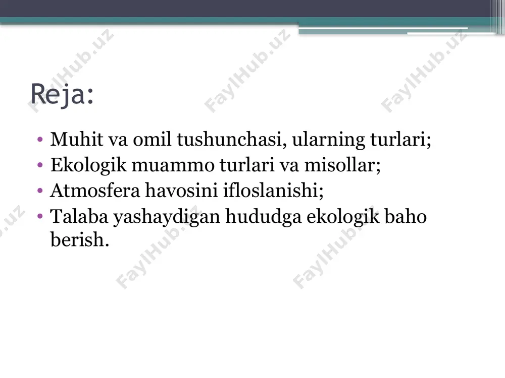 tirik organizmlarga ta’siri. iqlimiy – yorug’lik, harorat, bosim; edafogen (tuproq) – mexanik tarkibi, namligi, havo o’tkazuvchanligi; orografik – relef; kimyoviy – havoning gaz tarkibi, suvning tuz tarkibi. 2. biotik omillar – tirik organizmlarning bir-biriga o’zaro ta’siri . fitogen – o’simliklar: o’simliklarning hayvonlarga ta’siri hasharotxo’r hayvonlar misolida; zoogen – hayvonlar: o’simliklar bilan oziqlanishi yoki yirtqichlik; mikrobiogen – mikroorganizmlarning turli kasalliklarni keltirib chiqarishi. ekologik muammo turlari: 1. umumbashary (global). 2. mintaqaviy (regional). 3. mahalliy (lokal). umumbashariy (global) muammolar issiqxona effekti; ozon qatlamining yemirilishi; havo haroratining o’sishi; chuchuk suv muammosi; pestitsidlardan foydalanish; hayvon va o’simlik turlarining yo’qolishi. so’nggi 300 yil davomida 150 xildan ortiq hayvon turi butunlay yo’qolib ketgan. mintaqaviy ekologik muammolar mintaqadagi havo va suvning ifloslanishi, o'rmonlar daraxtlarini kesish, orol bo’yi muammolari va boshqalar hisoblanadi. orolbo’yi hududi ekologik muammolari o’rta osiyodagi eng kata sho’r ko’l bolib, havzaning kattaligi uchun dengiz deb atalgan. orol dengizi maydoni 68 ming km², 60-yillargacha yiliga amudaryodan 38,6 …