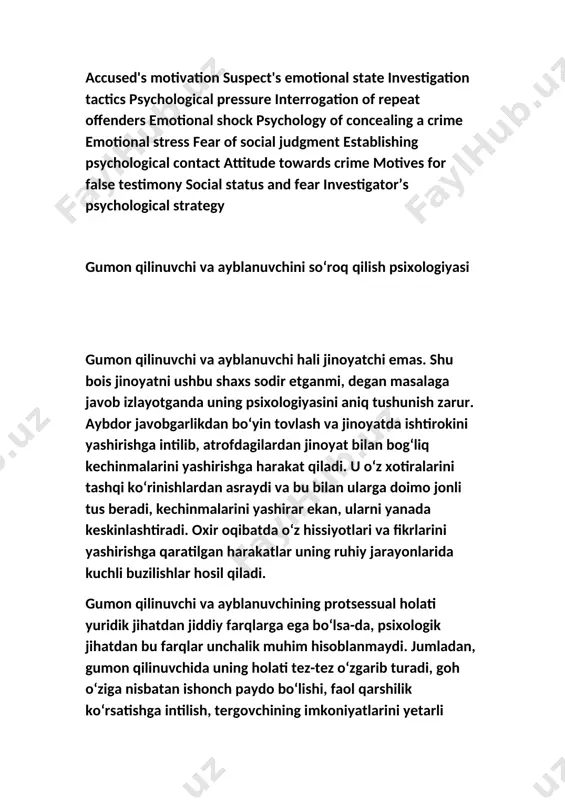 slik juda kuchli motiv bo‘lib, ko‘p jihatdan ayblanuvchining xatti-harakatini belgilab beradi. bunday motiv aniqlanganida tergovchining vazifasi so‘roq qilinayotgan shaxsni to‘g‘ri va to‘liq ko‘rsatma berish zarurligiga ishontirishdir. faqat shugina, biroz bo‘lsa-da, yaqin odamlarning xayrixohligini saqlab qolishga yordam beradi. tergovchi ba’zan boshqalarning fikri bilan qiziqmaydigan ayblanuvchilar (ko‘pincha retsidivistlar) bilan uchrashishiga to‘g‘ri keladi. ular «ushlanmagan o‘g‘ri – o‘g‘ri emas», «pulning hidi yo‘q» kabi prinsiplarga asoslanadilar. ayrim ayblanuvchilarga o‘zi erishgan ijtimoiy, xizmat va moddiy mavqeini yo‘qotishdan qo‘rqish xos bo‘ladi. shu bois so‘roq paytida bunday ayblanuvchi ko‘pincha to‘g‘ri ko‘rsatma berishdan bo‘yin tovlaydi. bu o‘rinda tergovchi ayblanuvchining mazkur psixologik holatni yengishi uchun uni halol va vijdonan mehnat qilish orqali ijtimoiy mavqeini tiklash, jamiyatning to‘la huquqli a’zosiga aylanishi mumkinligiga ishontirishi kerak. gumon qilinuvchi va ayblanuvchi hali jinoyatchi emas. shu bois jinoyatni ushbu shaxs sodir etganmi, degan masalaga javob izlayotganda uning psixologiyasini aniq tushunish zarur. aybdor javobgarlikdan bo‘yin tovlash va jinoyatda ishtirokini yashirishga intilib, atrofdagilardan jinoyat bilan bog‘liq …