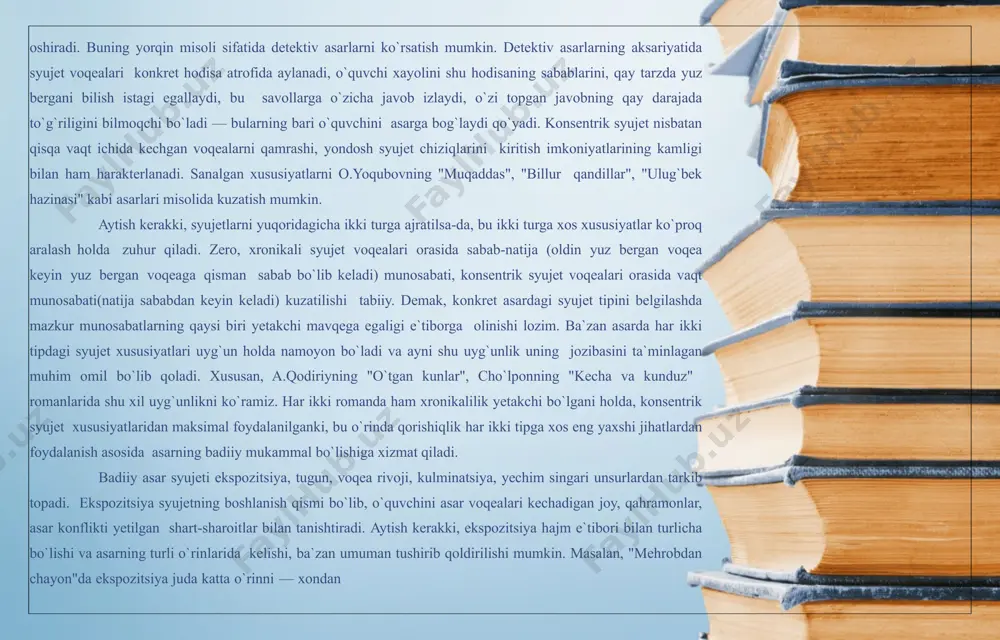 ar voqealari kechadigan joy, qahramonlar, asar konflikti yetilgan shart-sharoitlar bilan tanishtiradi. aytish kerakki, ekspozitsiya hajm e`tibori bilan turlicha bo`lishi va asarning turli o`rinlarida kelishi, ba`zan umuman tushirib qoldirilishi mumkin. masalan, "mehrobdan chayon"da ekspozitsiya juda katta o`rinni — xondan sovchilar kelgunga qadar bo`lgan epizodlarni o`z ichiga olsa, "qutlug` qon"da u juda qisqa va tugundan keyin beriladi, "qo`shchinor chiroqlari"da esa ekspozitsiya umuman tushirib qoldiriladi. tugun asar voqealarining boshlanishiga turtki bo`lgan voqea, asar konflikti qo`yilgan joydir. ekspozitsiyadan farqli o`laroq, tugun syujetning zaruriy elementi sanaladi, ya`ni, u syujetda har vaqt hozirdir. faqat ayrim hollarda, xususan, ba`zi xronikali syujetlarda, shuningdek, "ichki harakat" dinamikasi asosidagi syujetlarda u yetarlicha bo`rtib ko`rinmasligi mumkin. tugun, odatda, asarning boshlanishida, ekspozitsiyadan keyinoq beriladi. ba`zan, muayyan badiiy-estetik maqsadni ko`zda tutgan holda, uning o`rni o`zgartirilishi ham (masalan, "o`tgan kunlar" romanida otabek bilan kumushning daf`atan uchrashib qolishi — asarning tuguni, biroq bu voqea birinchi bo`lim nihoyasida bayon qilinadi) mumkin. shunisi ham borki, ba`zi katta …