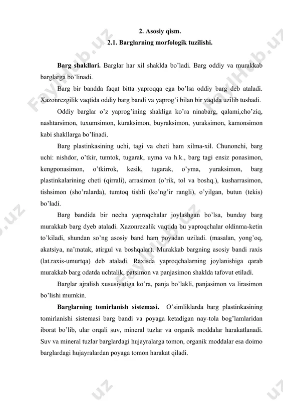 si misolida ko’rish mumkin. namlik yetarli bo’lganda unib chiqqan o’simtaning urug’pallalaridan keyin rivojlangan juft patsimon barglari, fillodiy (yunon. fillon-barg, eydos-qiyofa) deb ataladigan bargga o’xshagan keng barg bandida hosil bo’ladi. geterofiliya tut, evkalipt, yovvoyi nok kabi quruqlikka o’suvchi o’simliklarda ham ko’rinadi. 2.2. barglarning hosil bo’lishi va rivojlanishi. barg novdaning yon organi. o’simliklarning birinchi vegetativ bargi urug’palla bo’lib, u hali apeks uchun novda paydo bo’lmasdan oldin murtak tanasining taxasuslashidan yuzaga keladi. keyin hosil bo’ladigan primordial (lat. primordium-dastlabki, boshlang’ich) barg novdaning o’sish konusidagi meristemadan akropetal tartibda ekzogen bo’rtmalar yoki do’mboqchalar ko’rinishida vujudga keladi. avvalo uning protoderma yoki boshlang’ich epiderma hujayralari bir xil (antiklinal) bo’linadi. keyinchalik hosil bo’lgan dumboqchalar defferensiatsiya (lat.tafavut, farq ) lanib ikki: yuqori (apekal) va pastki (bazal) qismlarga bo’linadi. ontogenezda primordial bargning apekal qismdagi barg (plastinkasi) va band, bazal qismidan esa barg asosi va yon bargcha o’sib yetishadi. ikki pallali o’simliklarda barg (plastinkasi) odatda bazipetal ravishda yuzaga keladi, ya’ni uni uchi …