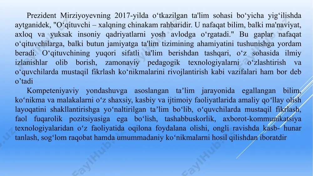 qaratish; 7) darsni boshlashdan avval, uni motivatsiya (undashga) jidiy e’tibor qaratish; 8) takrorlash uchun mavzu bilan bog‘liq savollarni qo‘llash, o‘tilgan mavzuni savollarning o‘ziga xosligi orqali tushuntirish; 9) o‘quvchi savollariga javob berayotganda to‘g‘ri tushuntirishga e’tibor berish hamda zamonaviy an’analik, tarixiylik, tanqidiylik, umumlashtirish kabi metodlarni o‘rgatish; 10) berilgan savolning barcha o‘quvchilarga tegishli ekanligini anglatish, har bir savoldan keyin qisqa tanaffuslar qilish, keyiniga alohida o‘quvchilarni javob berishga jalb qilish; 11) darsda barcha o‘quvchilarni nazorat qilib, baholashga erishish; 12) katta xato – bu kam o‘quvchiga ko‘p savol berilishi, boshqa o‘quvchilarni savollarga javob berishga undamaslik; 13) dars jarayonida alohida o‘quvchilar bilan bog‘lanib qolmaslik; agar o‘quvchi to‘g‘ri javob bera olmasa, unga yordam berish, yo‘naltirish; 14) o‘quvchilar bilmagan savol yoki topshiriqni o‘zi bilmagan holda tavakkaliga, ya’ni vaqtni zoe ketkazgan holda javob berishidan saqlanish; 15) darsni qiziqarli tashkil etish, intizom bilan ovora bo‘lib qolishni oldini olish; 16) o‘quvchining javobini o‘quvchilar ham to‘g‘ri bilib qabul qilishini inobatga olgan holda, …