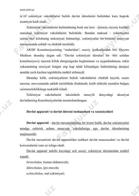 chidan, davlat nomidan muayyan soxada uning vazifa va funksiyalarini amalga oshiradi; ikkinchidan, muayyan xokimiyat vakolatlariga ega bulib, bu uni davlat muassasalari va korxonalaridan fark kildiradi; uchinchidan, muayyan vakolatga, ya`ni muayyan vazifalar, funksiyalar, xukuk va majburiyatlar doirasiga ega; turtinchidan, xizmat turlari va tarkib mikdoriga kura muayyan tarkibga (tuzilishga ega); beshinchidan, xududiy faoliyat mikyosiga ega; oltinchidan, konunda belgilangan tarkibda tashkil etiladi; yettinchidan, shaxsiy tarkibning xukukiy alokalarini belgilaydi; davlat idoralari xilma-xildir. ularni turli mezonlarga asoslanib bir kancha turlarga bulib chikishi mumkin. davlat idorasi: 1. paydo bulish manbaalariga kura birlamchi va ikkilamchi idoralariga; 2. xududiy faoliyat doirasiga kura respublika, viloyat, maxalliy uzini uzi boshkarish idoralariga; 3. vakolatlar tabiatiga kura umumiy vakolat idoralari va maxsus vakolatlar idoralariga; 4. xokimiyatni amalga oshirish tartibiga kura kollegial va yakka tartibdagi idorlarga bulinadi. faoliyatning tashkiliy-xukukiy shakllariga kura davlat idoralari konun chikaruvchi, ijro etuvchi, xukukni muxofaza kiluvchi, nazorat va farmoyish beruvchi idoralariga bulinadi. davlat idoralari faoliyatining tabiati siyosiy va ma`muriy …