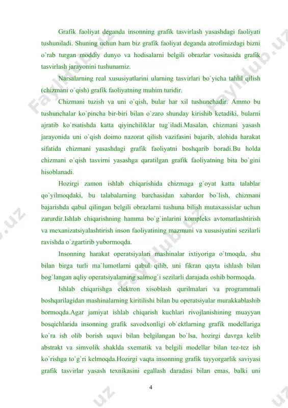 h lozim.yangi dastur loyihasiga yozilgan ma`lumotnomada chizmachilik kursining mazmuni va g`oyasi o`quvchilarda dialektik-materialistik dunyoqarashni tarbiyalashga yordam berishi kerakligi ta`kidlab o`tilishi o`quv predmetining tarbiyaviy rolini yanada yuqoriroq saviyaga ko`tarishni taqozo etadi. afsuski, ko`pchilik o`qituvchilarimiz bu imkoniyatlardan to`la foydalana olmaydilar. chizmachilik darslarida tarbiyaviy ishlarning muvaffaqiyati ko`p jihatdan o`qituvchining siyosiy-g`oyaviy tayyorgarligiga, maktab oldiga jamiyat tomonidan qo`yilgan eng muhim masalalarni tushuna bilishga bog`liq. ta`lim jarayoni tarbiyasiz bo`lganidek, yomon ta`lim-tarbiya o`quvchini salbiy tomonga etaklaydi. chizmachilik o`qituvchilari kelajak jamiyat kishilarini tarbiyalashdek muhim ishga o`z hissalarini qo`shmoqlari darkor. bu qo`shiladigan hissani to`laqonli bo`lishi uchun chizmachilik o`qitish jarayonidagi tarbiyaviy ishlarning maqsad va vazifalarini aniq va ravshan tushunmoq zarur. shunga qaramay, hozirgi vaqtga qadar chizmachilik darslarida tarbiyaviy ishlarga oid bironta tadqiqot yosh tavsiya respublikamizda mavjud emas. bu, ayniqsa yosh o`qituvchilarga muayyan qiyinchilik tug`diradi. o`qituvchi ta`lim berish vazifalarini bajarish bilan birga o`quvchilarga juda katta tarbiyaviy ta`sir ham ko`rsatadi. biroq, ta`limning o`quvchiga tarbiyaviy ta`sir ko`rsatishi o`qituvchining ma`naviy qiyofasiga ham bog`liq bo`ladi. …