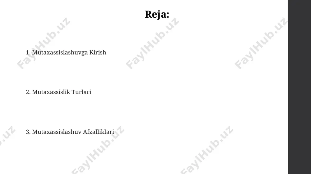 lik o'sish sur'atlariga (masalan, 5-7%) bevosita ta'sir ko'rsatadi, shuningdek, xalqaro bozorlarda raqobatbardoshlikni 15-20% ga oshiradi. mutaxassislashuvning mohiyati mutaxassislashuv 20-asrning ikkinchi yarmidan boshlab, globalizatsiya jarayonlari bilan birga jahon iqtisodiyotida 30 dan ortiq mamlakatlarda tez sur’atlarda rivojlandi, bu esa mehnat unumdorligini oshirdi. mutaxassislashuvning samaradorligi, masalan, yaponiyaning avtomobilsozlik sanoatida ko'rish mumkin, bu yerda 1000 dan ortiq mutaxassislar turli xil komponentlar ishlab chiqarishga ixtisoslashgan. o'zbekistonning paxtachilik sohasida 5 yil ichida 20% ga oshgan hosildorlik, asosan, qishloq xo'jaligi mutaxassislarining malakasini oshirish va texnologiyalarni takomillashtirish natijasida erishildi. mutaxassislashuvga ta'sir qiluvchi omillar mutaxassislashuvning samaradorligi 20% ga yaqin mintaqaviy farqlar bilan, masalan, toshkent va samarqand shaharlari o'rtasida sezilarli darajada farq qiladi, bu erda resurslar taqsimoti va infratuzilma rivojlanishi muhim rol o'ynaydi. davlat siyosati va 15 dan ortiq qonun hujjatlari mutaxassislashuv darajasiga, ayniqsa, yuqori texnologiyalar sohasida, masalan, it sohasida ta'sir ko'rsatib, innovatsiyalarni rag'batlantiradi va 10% ga yaqin o'sishni ta'minlaydi. o'rtacha 5 yillik davr mobaynida 30% ga yaqin mutaxassislar o'z …