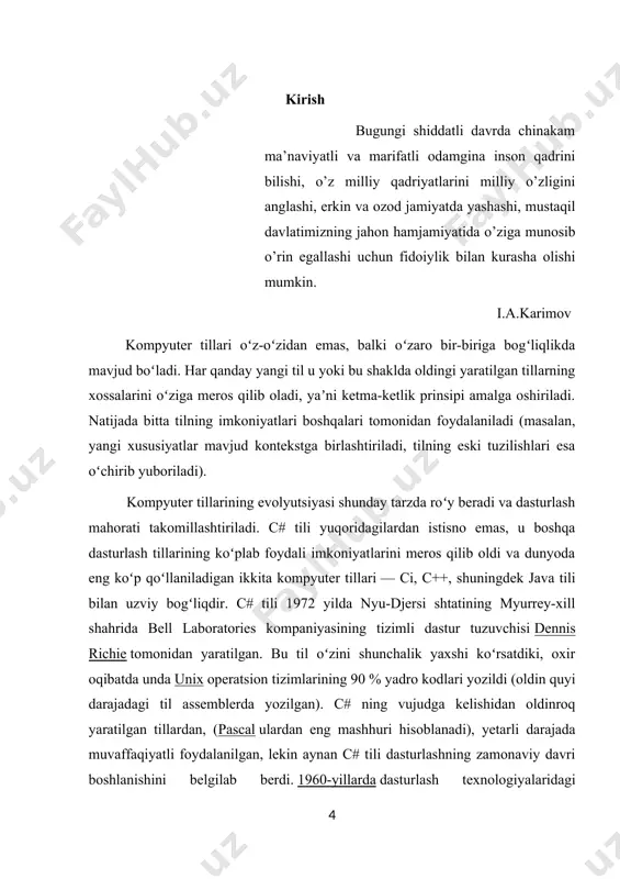 ir namunasini turli xil qiymatlarga moslashtirishi mumkin. 3. copy(nusxalash) constructor- constructor ob'ektni yaratish uchun uning barcha o'zgaruvchisini boshqa ob'ektdan nusxalash orqali foydalanilganda, bunday constructorlar nusxa tuzuvchi deb ataladi. ular mavjud namunadan yangi namunani boshlash uchun ishlatiladi. ushbu constructor o'zgaruvchini boshqa ob'ektdan nusxalash orqali ob'ekt yaratadi. uning asosiy maqsadi yangi namunani mavjud namunaning qiymatlariga kiritishdir. masalan: using system; namespace copyconstructorexample { class geeks { private string month; private int year; public geeks(geeks s) { month = s.month; year = s.year; } public geeks(string month, int year) { this.month = month; this.year = year; } public string details { get { return "month: " + month.tostring() + "\nyear: " + year.tostring(); } } public static void main() { geeks g1 = new geeks("june", 2018); geeks g2 = new geeks(g1); console.writeline(g2.details); console.readkey(true); } } } chiqish natijasi: 4. private(xususiy) konstruktor- xususiy kirish modifikatori bilan constructor ishlab chiqarilsa, u xususiy constructor deb ataladi. bu …