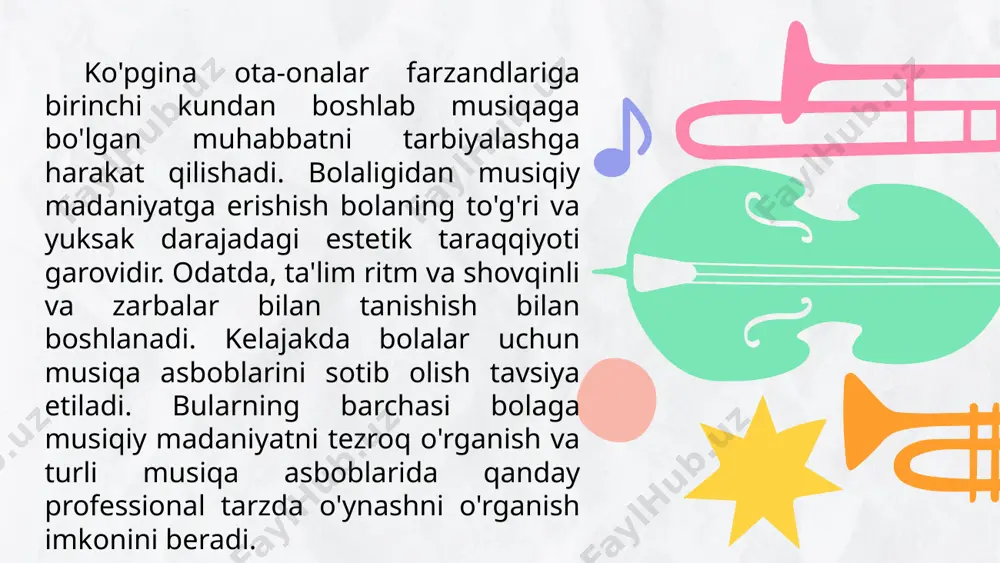 tida bu faoliyat turli eng qiziqarli mashg`ulotdir. bolalar cholg`u asboblari jonli tovushli o`yinchoqlar sifatida har bir bolani qiziqtiradi. bolalar musiqa cholg`u asboblari ikki turga bo`linadi. kuychan bo`lgan musiqa cholg`u asboblari kuychan bo`lmagan shovqinli asboblar bolalar cholg’u asboblari kuychan kuychan bo’lmagan kselofon metallofon rubel treshyotka marakas baraban rumba buben uchburchak doiracha bolalar cholg`ularining nomlanishini musiqa cholg`ularining jaranglanish xarakterini bolalar cholg`ularining ijro yo`llarini musiqa cholg`ularining foydalanishni bilishlari zarur bolalar bog`cha davrining oxirida: bolalar bilishi zarur bo`lgan ijro usuli: ijro usuli; ansamblda ijro; oddiy dinamik bo`yoqlardan foydalanish; oddiy, kichik qo`shiqlarni yakka ijro etish qo`shiq kuylash, musiqa tinglash va musiqaviy ritmik harakatlar bajarish faoliyatlarida bolalar cholg`u asboblarida jo`r bo`lish orqali faoliyatlarning o`zaro bog`liqligi orqali muhim ahamiyatga ega. qo`shiq kuylash faoliyatida bolalar cholg`ular yordamida jo`r bo`lishlari qo`shiqni oson ozlashtirishiga, uning tempi, xarakterini farqlashga, qo`shiq so`zlarini tez yodlashlariga, umuman olganda qo`shiq kuylashga bo`lgan qiziqishlarini yanada oshiradi. musiqa tinglash faoliyatida bolalar cholg`ular yordamida jo`r bo`lishlari bolalar qo`shiqni …