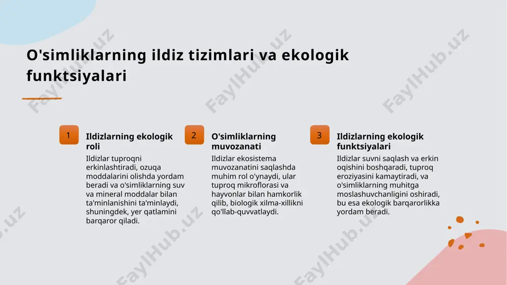 kturalarining biologik diversifikatsiyasi va o'ziga xos xususiyatlari 1 yer osti xilma-xilligi o'zbekiston ekotizimlarida yer osti ildiz tizimlari biologik xilma-xilligi katta, turli o'simlik turlariga xos bo'lgan ildiz strukturalarini o'z ichiga oladi. 2 maxsus xususiyatlar bu xilma-xillik ular o'simliklarning o'ziga xos ildiz shakli, rivojlanish imkoniyatlari va adaptatsiya usullari bilan ajralib turadi, masalan, cho'l va namlik o'zgarishlariga mos. 3 ekologik ahamiyati bu xilma-xillik ekotizimlarning barqarorligini ta'minlab, tuproqni himoya qilish, namlikni saqlash va o'simliklarning o'zaro munosabatlarida muhim rol o'ynaydi. o'zbekiston ekotizimlarida yer osti strukturalarining biologik xilma-xilligi va uning muhimligi 1 yer osti biologik xilma-xilligi o'zbekiston ekotizimlarida turli ildiz tizimlari mavjud bo'lib, ular o'simliklarning barqarorligini ta'minlaydi va biologik xilma-xillikni rivojlantiradi. 2 ekologik ahamiyat yer osti ildizlar ekotizimlarning muhim qismini tashkil etadi, suv va ozuqa moddalarini uzatish, tuproqni mustahkamlash va biologik muvozanatni saqlashda yordam beradi. 3 muhofaza va barqarorlik o'zbekiston ekotizimlarida ildiz tizimlarini muhofaza qilish, tuproq eroziyasini oldini olish va tabiiy barqarorlikni saqlash uchun muhimdir, bu …