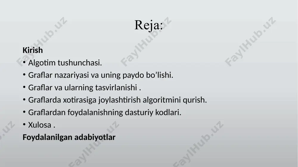 harqiy prussiyadagi pregel daryosi qirg‘oqlarida joylashgan. 1946 yildan boshlab kaliningrad, hozir rossiya federatsiyasi tarkibida. “graf” iborasi d. kyonig tomonidan 1936 yilda graflar nazariyasiga bag‘ishlangan dastlabki darslikda uchraydi. graflar nazariyasi bo‘yicha tadqiqotlar natijalari inson faoliyatining turli sohalarida qo‘llaniladi. ulardan ba’zilari quyidagilardir: boshqotirmalarni hal qilish; qiziqarli o‘yinlar; yo‘llar, elektr zanjirlari, integral sxemalari va boshqarish sistemalarini loyihalashtirish; avtomatlar, blok-sxemalar va komp’yuter uchun programmalarni tadqiq qilish va hokazo. kyonig (dénes könig, 1884-1944) – venger matematigi. bu darslik olmon tilida yozilgan. graf tushunchasi graf - bu abstrakt obyekt boʻlib, uchlar toʻplami (tugunlar) va qirralarning toʻplami - uchlar juftliklari orasidagi bog'lanishlardan tashkil topadi (ulanishlar). graf mavzusi juda keng. graflar diskret matematikaning oʻrganish mavzusidir (bu yerda graf tushunchasining aniqroq ta'rifi berilgan). graf murakkab tuzilgan ma'lumotni tavsiflash uchun ishlatiladi va shuning uchun katta amaliy ahamiyatga ega. matematikada graflar paydo boʻlishiga eyler asarlari yordam berdi. graflar bilan qayerda uchrashamiz? ehtimol, ular bilan qayerda uchrashmasligimizni aytish osonroq. ya’ni biz graflarda …