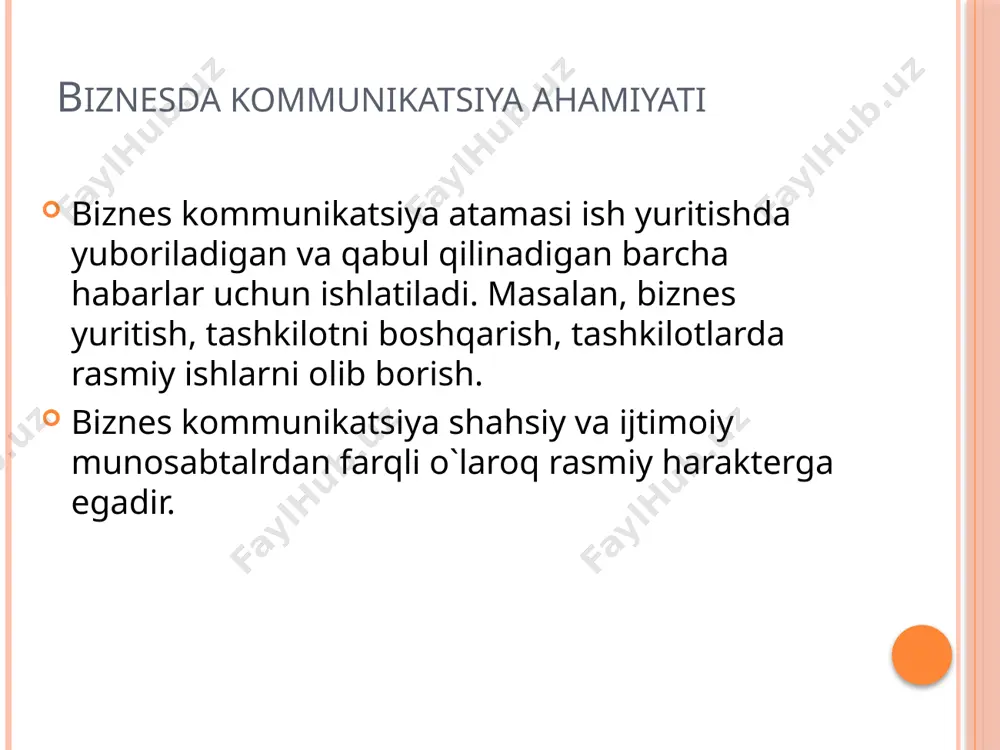 atsiya orqali tashkilot yoki firma o`z brendi, mahsuloti, maqsadlari, ish jarayoni, tashkilot istiqboli va jamiyat ( istemolchilar ) oldidagi o`z mas`ulyati haqida ma`lumot beradi. kommunikatsiya maqsadlari hodimlarni yo`nalltirish uchun: ishga qabul qilingan yangi hodimga tahskilot ichki tartib- qoidalari va madaniyati ichki kommunikatsiya yordamida tanishtiriladi. muloqot odamlarni hamkasblari, boshliqlar va tashkilotning siyosati, maqsadlari, qoidalari bilan tanishtiradi kommunikatsiya maqsadlari boshqa maqsadlar: samarali qaror qabul qilish qaror qabul qiluvchiga to`g`ri va kerakli ma`lumotni ta`minotiga bog`liq. effektiv kommunikatsiya qaror qabul qilish jarayoniga yordam beradi. umumiy qilib aytganda vazifa samarali bajarilishi uchun tashkilotda hamma kerakli malumot bilan ta`minlash kerak. kommunikatsiya jarayoni yuboruvchining g'oyalarini qabul qiluvchiga etkazish va qabul qiluvchining fikr -mulohazalari yoki jo'natuvchiga munosabati aloqa tsiklini tashkil qiladi. kommunikatsiya jarayoni birinchi odamdan ikkinchi odamga faktlar, g`oyalar, fikrlar va boshqa ma`lumotlarni uzatilishi. kommunikatsiya tsikli habar jo`natuvchi habar kodlash kanal habar qabul qiluvchi dekodlash kommunikatsiya jarayoni quyidagi elementlarni o`z ichiga oladi: yuboruvchi yoki jo'natuvchi: xabarni uzatmoqchi bo'lgan …