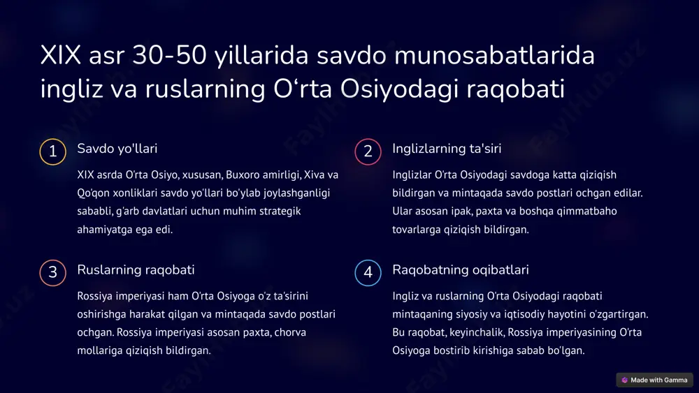 lekin ular ham rus armiyasining ustun kuchi oldida mag'lubiyatga uchradilar. 4 toshkent 1865-yilda rus qo'shinlari toshkent shahrini bosib olishga kirishdilar. toshkent himoyachilari rus qo'shinlariga qattiq qarshilik ko'rsatdilar, lekin ular ham mag'lubiyatga uchradilar. toshkent shahrining bosib olinishi rossiya imperiyasining o'rta osiyoni bosib olishidagi muhim bosqich bo'ldi. 5 turkiston viloyatining tashkil etilishi viloyatning tashkil etilishi toshkent shahrining bosib olinishi va qo'shni hududlarni o'z nazorati ostiga olishdan so'ng, rossiya imperiyasi 1867-yilda turkiston viloyatini tashkil qildi. viloyatning maqsadi turkiston viloyati rossiya imperiyasining o'rta osiyodagi siyosiy, harbiy va iqtisodiy manfaatlarini himoya qilish va boshqarish maqsadida tashkil etilgan edi. viloyatning ta'siri turkiston viloyatining tashkil etilishi o'rta osiyo xonliklaridagi siyosiy va ijtimoiy-iqtisodiy hayotga katta ta'sir ko'rsatdi. 6 buxoro amirligiga qarshi harbiy harakatlar jizzaxga xujum, samarqandni egallanishi, zirabuloq jangi jang nomi sana natija jizzaxga hujum 1866 rossiya g'alabasi samarqandni egallanishi 1868 rossiya g'alabasi zirabuloq jangi 1868 rossiya g'alabasi 7 buxoro amirligida boskinchilarga karshi abdumalik to‘ra xarakati qarshilik ko'rsatish …