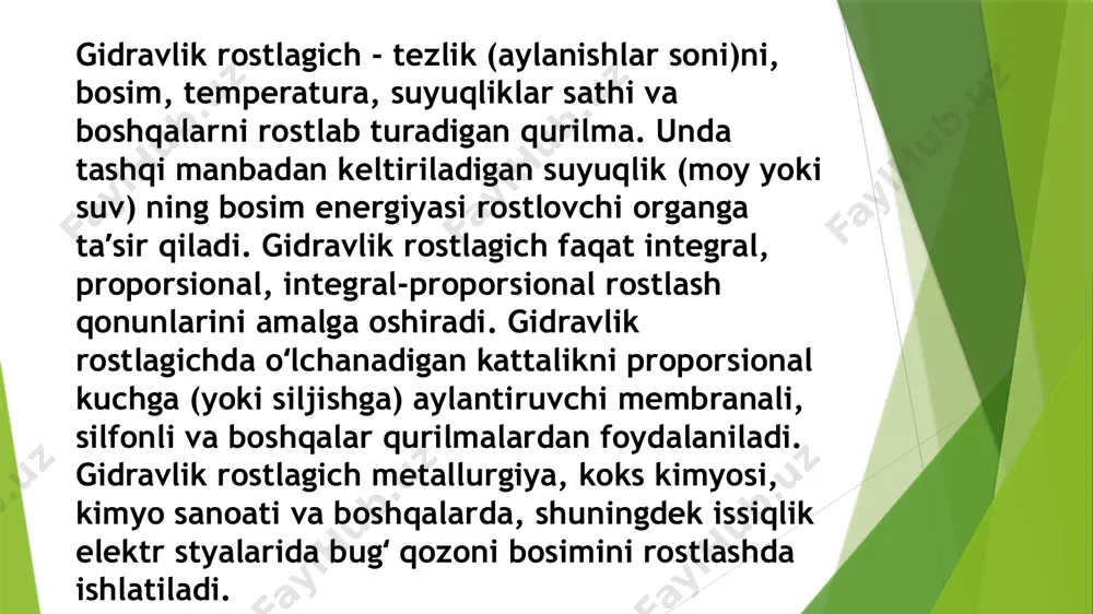 aminoti turining o'ziga xos xususiyatlari va foydalangan sohalari mavjud bo'lib, ular texnikaviy va energiya samaradorligini oshirish maqsadida ishlab chiqilad rostlagich turini tanlash va sozlamalar parametralarini hisoblash (http://hozir.org/1-hisoblash-matematikasi-deb-nimaga-aytiladi.html) 1. ishdan maqsad . ishdan maqsad p (http://hozir.org/maqsad-talimiy-maqsad.html), pi, pd va pid rostlagichlarni o’rganish, shuningdek rostlagichlarning tizimda eng yaxshi sifat ko’rsatkichlarini ta’minlovchi optimal parametrlarini hisoblash usullari bilan tanishishdan iborat. nazariy qism avtomatik rostlash tizimlarida rostlanuvchi parametrlarning berilgan qiymatlarini ushlab turish yoki ularni belgilangan qonun bo’yicha o’zgarishini ta’minlashavtomatik rostlagich deb nomlanuvchi apparaturalar vositasida amalga oshiriladi. rostlanuvchi parametrlarning ko’rinishi bo’yicha avtomatik rostlagichlar harorat (http://hozir.org/maruza-tjabtda-rostlash-qonunlari-proporsional-integral-differ.html), bosim, namlik, siyraklanish (http://hozir.org/bosimni-olchash-asboblar.html), sarf va tarkib rostlagichlariga va boshqalarga bo’linadi. rostlanuvchi ta’sirning o’zgarish xarakteri bo’yicha avtomatik rostlagichlar chiziqli va chiziqsiz rostlash qonuni bo’yicha rostlagichlarga bo’linadi. chiziqsiz rostlash qonuni bo’yicha rostlovchi rostlagichlarga misol sifatida sovutish mashinasidagi ikki pozitsiyali harorat rostlagichini keltirish mumkin. uch pozitsiyali diskret tizimlarda chiqish signali uchun 3ta qiymat qabul qilinadi: –1, 0, +1, ya’ni “kam”, “norma”, “ko’p”. bunday …
