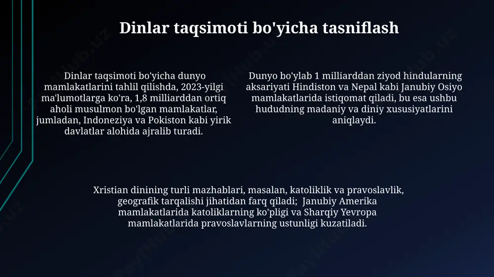 adi. 2022 йилги маълумотларга кўра, gini koeffitsienti бўйича ўзбекистон 35 дан ortiq mamlakatlar orasida 30-ўринда туради, бу мамлакатдаги boylik taqsimoti tengsizligining yuqori darajasidan dalolat beradi. жаҳон банкининг маълумотларига кўра, 2023 йилда ўзбекистон яим бўйича дунёда 60-ўринни эгаллаган бўлса, яимнинг киши бошига тўғри келадиган миқдори бўйича эса 100 та мамлакат орасида 90-ўринда туради. davlat boshqaruv tizimlari bo'yicha tasniflash markaziy osiyo davlatlari, jumladan, o'zbekiston va qozog'iston, post-sovet davrida mustaqillikka erishgan va prezidentlik boshqaruv tizimini qabul qilgan 5 mamlakatdan iborat. xitoy kabi bitta partiyali tizimlarga ega bo'lgan davlatlar, 20 dan ortiq mamlakatni qamrab oladi, ularning boshqaruv tuzilmasi boshqa davlat tizimlaridan tubdan farq qiladi. 193 dan ortiq mamlakatni o'z ichiga olgan jahon xaritasi davlat boshqaruv tizimlari, masalan, prezidentlik, parlamentar va aralash tizimlar bo'yicha 3 asosiy toifaga bo'linadi, bu esa ularning siyosiy tuzilmalarini aks ettiradi. demografik ko'rsatkichlar bo'yicha tasniflash 2023 yil ma'lumotlariga ko'ra, yaponiya va janubiy koreya kabi osiyo davlatlarida o'lim ko'rsatkichi tug'ilish ko'rsatkichidan yuqori …