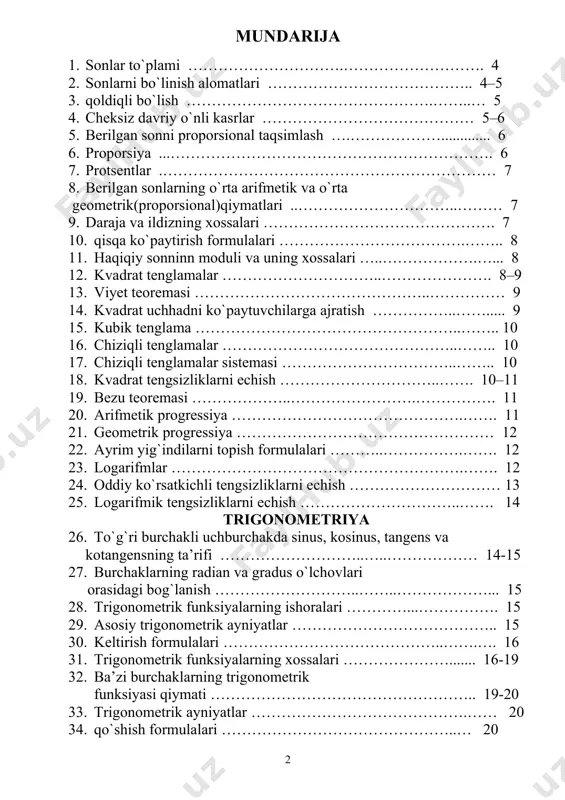 . 19-20 33. trigonometrik ayniyatlar …………………………………….…… 20 34. qo`shish formulalari ………………………………………..… 20 35. karrali burchaklarning trigonometrik funksiyalari ……….…. 21 36. yarim burchakning trigonometrik funksiyalari …………….… 21 37. burchakni yarim burchak orqali ifodalash ……………….… 21 38. yig`indini ko`paytmaga almashtirish ……………………….. 22 39. ko`paytmani yig`indiga almashtirish ……………………... 22-23 40. darajani pasaytirish ………………………………………..… 23 41. teskari trigonometrik funksiyalar …………………………… 23 42. teskari trigonometrik funksiyalar orasidagi bog`lanish………………………………….……. 23-24 43. trigonometrik tenglamalar ……………………………... 24-25 44. teskari trigonometrik funksiyali tenglamalar ……………..… 25 45. trigonometrik tengsizlikalar ………………………………… 25 hosila va differetsial 46. differetsiallash qoidalari ……………………………………… 26 47. asosiy funksiyalarning hosilalari …………………………..….. 26 48. urinma tenglamasi ……………………………………………. 27 integral 49. boshlang`ich funksiya va aniqmas integral …………………….. 27 50. integrallash formulalari ……………………………………….… 27 51. integrallash qoidalari …………………………………………... 28 52. aniq integral. nyuton – leybnits formulasi …………………. 28 53. aylanish jismlarning hajmini aniq integral yordamida hisoblash ……………………………………………… 28 analitik geometriya va vektorli algebra elementlari 54. tekislikda dekart koordinatalari sistemasi ……………….… …