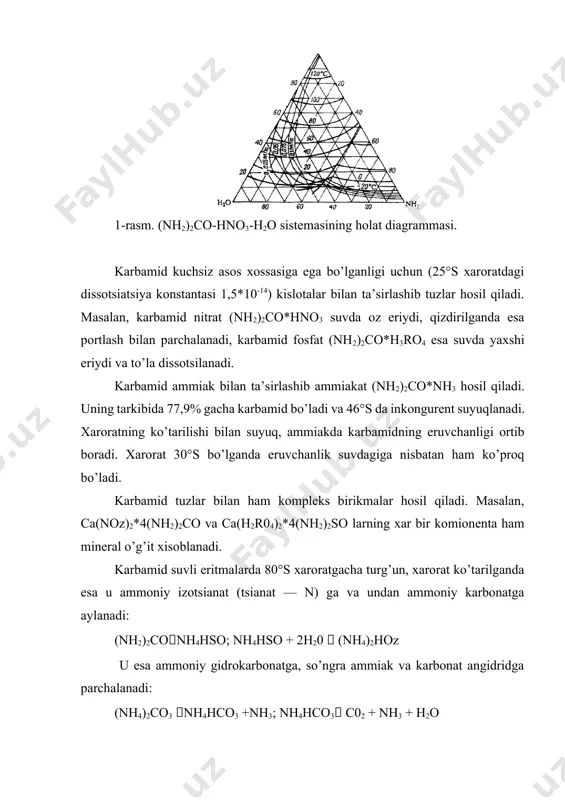 yemlariga ham qo’shiladi. u ozuqa yemda 25-30% gacha oqsil o’rnini bosa oladi. sanoatda sun’iy smola, plastmassalar, kley, lak, farmatsevtik preparatlar, gerbitsidlar tayyorlash va chorvachilikda ozuqalarga qo’shish uchun belgilangan standart bo’yicha a markali yuqori va birinchi kategoriyali donador va kristall shaklidagi karbamid ishlab chiqariladi. mahsulot sifatidagi karbamid tarkibida belgilangan kategoriyaga mos holda: 46,3% va 46,2% n. 0,6% va 0,9% dan kam miqdorda biuret, 0,2% va 0,3% suv bo’ladi. chorvachilik ozuqalari tayyorlashda ishlatiladigan karbamid tarkibida esa 3% gacha biuret bo’lishi belgilangan talab darajasiga javob bera oladi. o’g’it sifatida ishlatiladigan karbamid esa b markada ishlab chiqariladi. uning tarkibida 46,0% n 0,9% atrofida biuret va 0,25% gacha namlik bo’ladi. o’g’itning donadorligi esa: 1-4 mm li donachalar 94% dan kam emas, 1 mm li donachalar 5% dan ortiq emas. uni 6 oygacha qopsiz saqlanganda ham yopishib qolmaydi. ammiak va karbonat angidriddan karbamid sintez qilishning fizikkimyoviy asoslari. karbamid 150-220°s xaroratda va 7-100 mpa bosimda ammiakga karbonat …