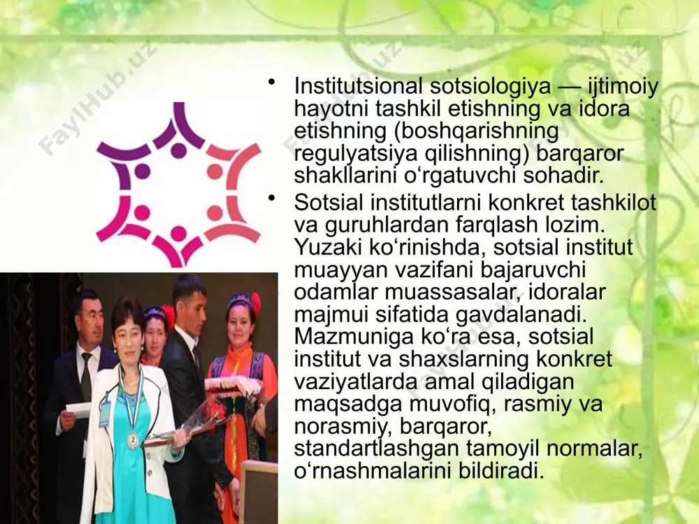 yoki majburiy uyushmasi tushuniladi. tashkilot a'zosi bo‘lgan odamlarning manfaatlari umumiyligi tashkilotning ideal holiga ega, tashkilotning maqsadi uning barcha a'zolari maqsadi bilan muvofiq, kelishi ko‘zda tutiladi. sotsial tashkilotni boshqa sotsial guruhlashuvlardan farqi - uni tashkil etuvchi individ qat'iy ravishda muayyan sotsial rol va pozitsiyalarni ijro etishlaridadir. jamiyat sotsial tashkilotlari turli xildagi iqtisodiy, ijtimoiy, siyosiy va g‘oyaviy maqsadlarga erishish vositasi deb qaraydi. sotsial tashkilotlar individlarning ehtiyoj va manfaatlarini ma'lum bir qat’iy me'yorda qondirilishiga xizmat qiladi. sotsial tashkilotlarda qat'iy byurokratik tamoyillarga asoslangan tashkiliy ierarxiya (tashkilot a'zolarining bir-birlariga nisbatan bosqichma-bosqich rasman tobelikda bo‘lishlari) munosabatlardan tashqari norasmiy munosabatlar ham mavjuddir. bu munosabatlar qat’iy ma'muriy qoidalar tizimi sharoitida tashkilot samaradorligini oshiradi va quyidagi ijobiy vazifalarni bajaradi: ish vazifasiga ko‘ra bo‘ysunuvchi individlar va mansabdor shaxslar o‘rtasida vujudga kelishi mumkin bo‘lgan ziddiyatlarni yumshatadi, tashkilot a'zolarini birdamligini mustahkamlaydi, shaxsiy qadr-qimmat hissini saqlab qoladi. sotsial institutlar, tashkilotlar va ijtimoiy hodisalar turli xil o‘ziga hos kesishmalarda sotsial tizimni tashkil etadi. odatda …