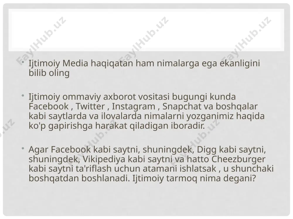 n aniqroq kichik toifadagi nolga aylanmasdan aniqroq bo'lishi mumkin. umumiy ijtimoiy media xususiyatlari quyidagi umumiy xususiyatlar ijtimoiy media saytining o'lik sovg'alari hisoblanadi. agar muayyan saytni ijtimoiy deb tasniflansa bo'ladimi yoki yo'qmi deb so'rasangiz, ushbu xususiyatlardan kamida bittasini izlang. foydalanuvchilarning hisoblari: agar saytga tashrif buyuruvchilar o'zlarining hisoblarini yaratishga imkon beradigan bo'lsalar, unda bu ijtimoiy ta'sirga ega bo'lish uchun yaxshi belgidir. siz haqiqatan ham ma'lumotni almasha olmaysiz yoki boshqalar bilan interaktiv muloqotda bo'lmaysiz. foydalanuvchining profili sahifalari: ijtimoiy axborot vositasi aloqa haqida bo'lgani uchun, profilni sahifa tez-tez shaxsni ifodalash uchun talab qilinadi. odatda profil, fotosurat, biologik veb-sayt, so'nggi xabarlar, tavsiyalar, so'nggi faoliyatlar va boshqalar kabi individual foydalanuvchi haqida ma'lumot o'z ichiga oladi. axborot nashrlari: foydalanuvchilar ijtimoiy tarmoqlardagi boshqa foydalanuvchilar bilan bog'lanishganda, ular asosan "bu odamlardan ma'lumot olishni istayman" deb aytadilar. bu ma'lumot o'zlarining yangiliklar orqali haqiqiy vaqtda yangilanadi. personalizatsiya: ijtimoiy axborot saytlari odatda foydalanuvchilarga foydalanuvchi sozlamalarini moslash uchun moslashuvchanlikni beradi, o'zlarining profillarini ma'lum …