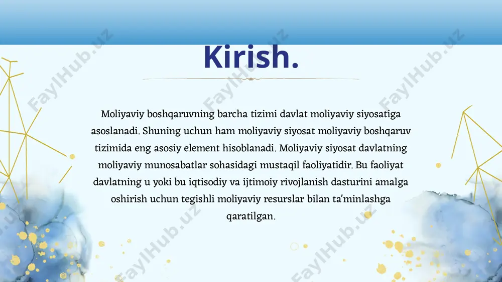 level third level fourth level fifth level click to edit master title style click to edit master text styles second level third level fourth level fifth level daromatlarni qayta taqsimlash siyosati mavzu :daromatlarni qayta taqsimlash siyosati reja : kirish. asosiy qism. daromadlarni qayta taqsimlashning nazariy asoslari daromadlarni qayta taqsimlash siyosatining turlari daromadlarni qayta taqsimlashning ijtimoiy va iqtisodiy ta’siri xulosa. foydalanilgan adabiyotlar. moliyaviy boshqaruvning barcha tizimi davlat moliyaviy siyosatiga asoslanadi. shuning uchun ham moliyaviy siyosat moliyaviy boshqaruv tizimida eng asosiy element hisoblanadi. moliyaviy siyosat davlatning moliyaviy munosabatlar sohasidagi mustaqil faoliyatidir. bu faoliyat davlatning u yoki bu iqtisodiy va ijtimoiy rivojlanish dasturini amalga oshirish uchun tegishli moliyaviy resurslar bilan ta'minlashga qaratilgan. kirish. siyosat davlat faoliyatining barcha yo'nalishlarini qamrab oladi. siyosiy ta'sir ob'ekti hisoblangan ijtimoiy munosabatlar sohalariga bog'liq ravishda iqtisodiy yoki ijtimoiy, madaniy yoki texnikaviy, byudjet yoki kredit, ichki yoki tashqi siyosat to'g'risida gapiriladi. moliyaviy siyosat o'z-o'zini bosib turuvchi mustaqil ahamiyatga ega bo'jib, …