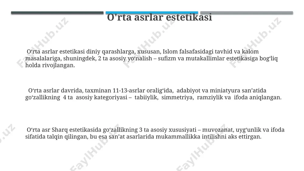 nishda muhim rol o'ynagan. yangi davr estetikasida 18-asrda klassitsizm va sentimentalizm kabi 2 ta asosiy yo'nalishlar rivojlanib, gumanizm va tabiatga bo'lgan munosabatlarni o'rganishga alohida e'tibor berilgan. yangi davr estetikasida i. kant kabi faylasuflarning ta'siri bilan estetik tafakkurning 4 ta asosiy kategoriyasi – go'zallik, ulug'vorlik, xushomad va noziklik singari tushunchalar chuqur tadqiq etilgan. e'tiboringiz uchun rahmat @taqdimot_robot image1.jpeg
