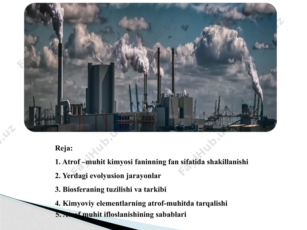 va suvlari, shlak, shlam va boshqa holatlarda atrof-muhitga kelib tushadi. ushbu chiqindilar turli xil noorganik va organik moddalardan tashkil topgan bo'lib, ular atmosfera havosini, tabiiy suv havzalarini, tuproqlarni zaharlab, o'simliklar va hayvonot olamiga hamda inson salomatligiga katta zarar yetkazmoqda. lekin sanoat rivojlanishini fan-texnika taraqqiyotini to'xtatib bo'lmaydi, chunki bu yer sharidagi aholining yashash sharoitlarini keskin yomonlashib ketishiga va global muammolarni yana ham keskinlashishiga olib kelishi mumkin. shu bilan birga fan yutuqlari inson va tabiatning o'rtasidagi munosabatlarni murakkablashtirilishi bilan bir vaqtda paydo bo'layotgan muammolarni yechish uchun ham katta imkoniyatlar yaratadi. bunda kimyo faniga alohida e'tibor qaratiladi, chunki barcha ifloslantiruvchilar - bu kimyoviy moddalar. -kimyoviy birikmalar atrof-muhitga kelib tushgandan so'ng unda uzoq vaqt saqlanib turishi, to'planishi yoki turli yo'llar orqali chiqib ketishi mumkin yoki o'zaro bir biri va biosferaning komponentlari bilan reaksiyaga kirishib, yangi ikkilamchi ifloslantiruvchi moddalarni hosil qilib, flora va faunaga zararli ta'sir ko'rsatishi mumkin. ma'lumki, hozirgi zamon biosferasining holatini belgilovchi jarayonlar …