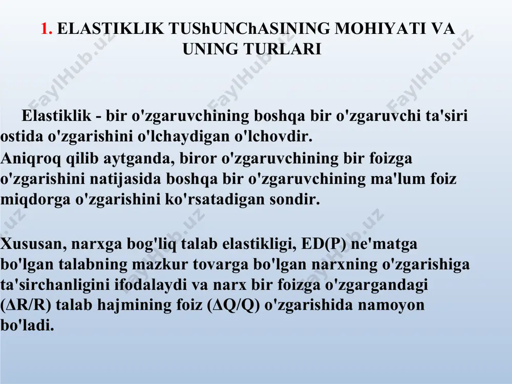 uli. narxga bog'liq talab elastikligi koeffitsiyenti doimo modulga olinadi . рed  q2  q1  p1  q  p1 p 2  p1 q1 p q1 q d ∆ ∆p nuqtaviy elastiklik р1 р2 0 q1 q2 q bu yerda q1d va р1 talabning va tovar narxining boshlang'ich qiymatlari, q2d ва р2 - talabning va tovar narxining o'zgargan qiymatlari yoysimon elastiklik р ∆q р1 а р2 в 0 q1 q2 ed  q 2  q 1  p1  p 2 p 2  p1 q 1  q 2 «yoysimon elastiklik ∆p (arc elasticity) - talab egri chizig’ining ma’lum ав oralig’idagi tovar narxi o’zgarishiga talab ҳhajmining o’rtacha reaksiyasidir»*.d q bu yerda q1d ва р1 talabning va tovar narxining boshlang’ich qiymatlari, q2d va р2 - talabning va tovar narxining o'zgargan qiymatlari yoysimon elastiklik p2 p1 d  q2  q1  p1  q2 q1  2 …