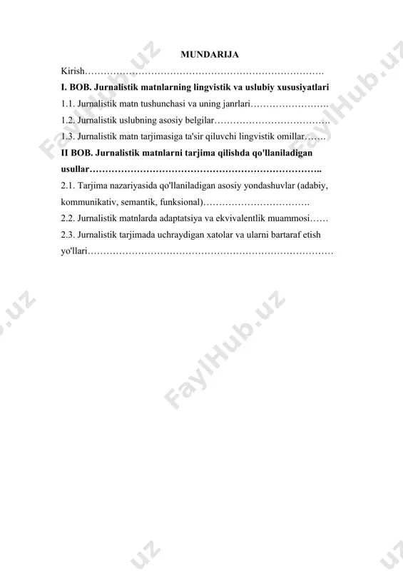 zarb ahamiyat kasb etadi. xususan, turli madaniyat, ijtimoiy qadriyat va dunyoqarashga ega bo‘lgan auditoriyalar orasida axborotni to‘g‘ri, aniq va tushunarli shaklda yetkazish uchun jurnalistik matnlarni tarjima qilish nafaqat lingvistik, balki madaniy va pragmatik yondashuvlarni ham o‘z ichiga oluvchi murakkab jarayon hisoblanadi. bu esa tarjimonlardan maxsus bilim, professionallik va tajriba talab qiladi. shu nuqtai nazardan, jurnalistik matnlarni tarjima qilish masalasi zamonaviy tarjima nazariyasining muhim yo‘nalishlaridan biri sifatida alohida e’tiborga loyiqdir. jurnalistik matnlar o‘zining ma’lum kommunikativ vazifasiga, ya’ni auditoriyani xabardor qilish, ta’sir ko‘rsatish va ularni muayyan voqeliklarga munosabat bildirishga undashga qaratilganligi bilan boshqa matn turlaridan ajralib turadi. bu esa ularning tarjimasida nafaqat lingvistik bilim, balki uslubiy nozikliklarga, madaniy kontekstga va matnning funksional xususiyatlariga ham e’tibor berishni talab qiladi. shuningdek, jurnalistik janrlarning (yangilik, maqola, tahliliy sharh, reportaj va boshqalar) o‘ziga xosligi tarjima jarayoniga bevosita ta’sir qiladi. mazkur ilmiy ishda jurnalistik matnlarning lingvistik va uslubiy xususiyatlari, ularni tarjima qilishda uchraydigan muammolar hamda qo‘llaniladigan tarjima …